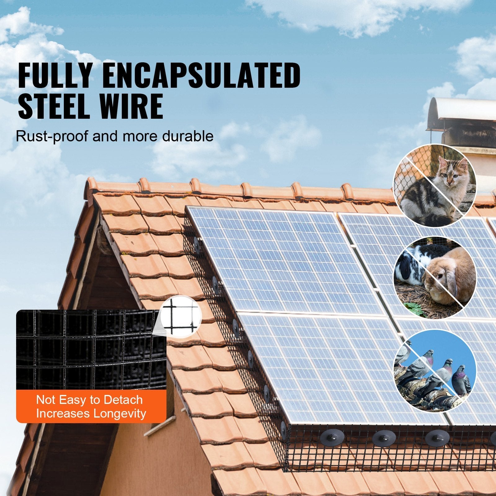 VEVOR 8InchX100ft Solar Panel Bird Guard, Critter Guard Roll Kit With Rust-proof PVC Coating, Solar Panel Guard With 50pcs Tire Wires,