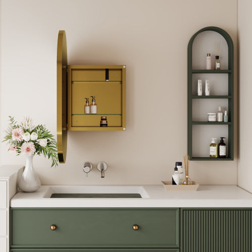 20x34 Inch Oval Recessed Medicine Cabinet, Metal Framed Bathroom Wall Cabinet With Mirror And Adjustable Shelves, Matte Gold