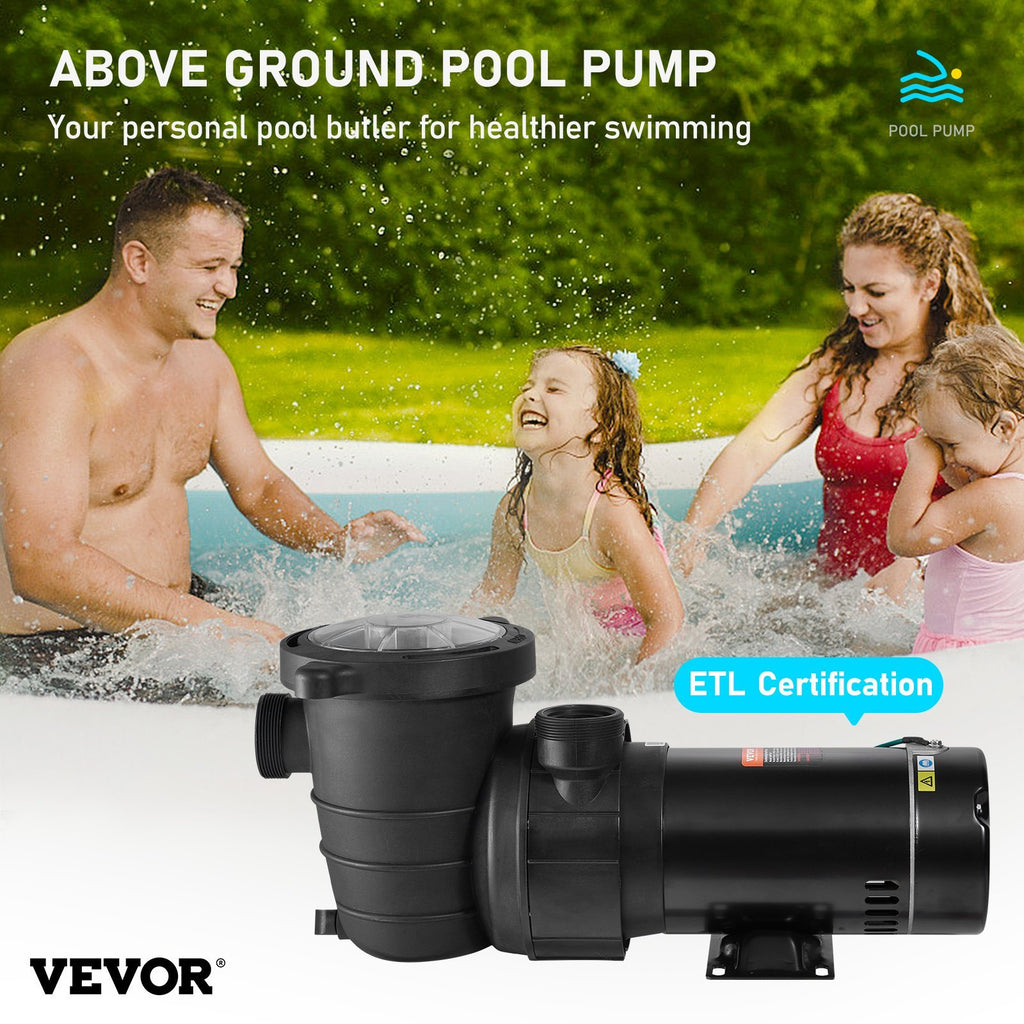 VEVOR Swimming Pool 2.0HP 115V 1500W, Single Speed Pumps For Above Ground Pool, Strainer Basket, 5400 GPH Max. Flow, ETL Certification