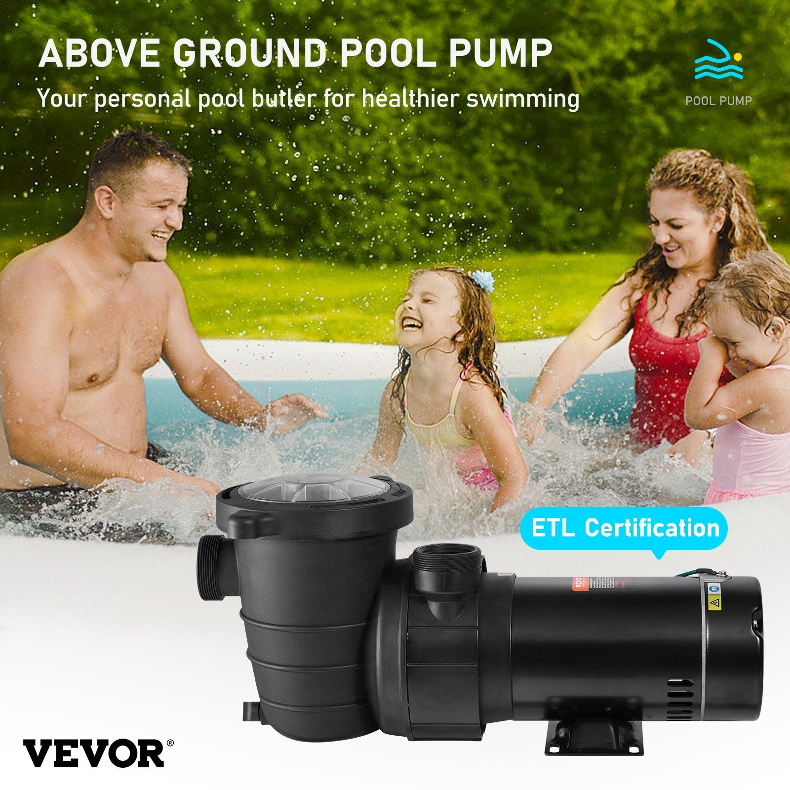 VEVOR Swimming Pool 2.0HP 115V 1500W, Single Speed Pumps For Above Ground Pool, Strainer Basket, 5400 GPH Max. Flow, ETL Certification