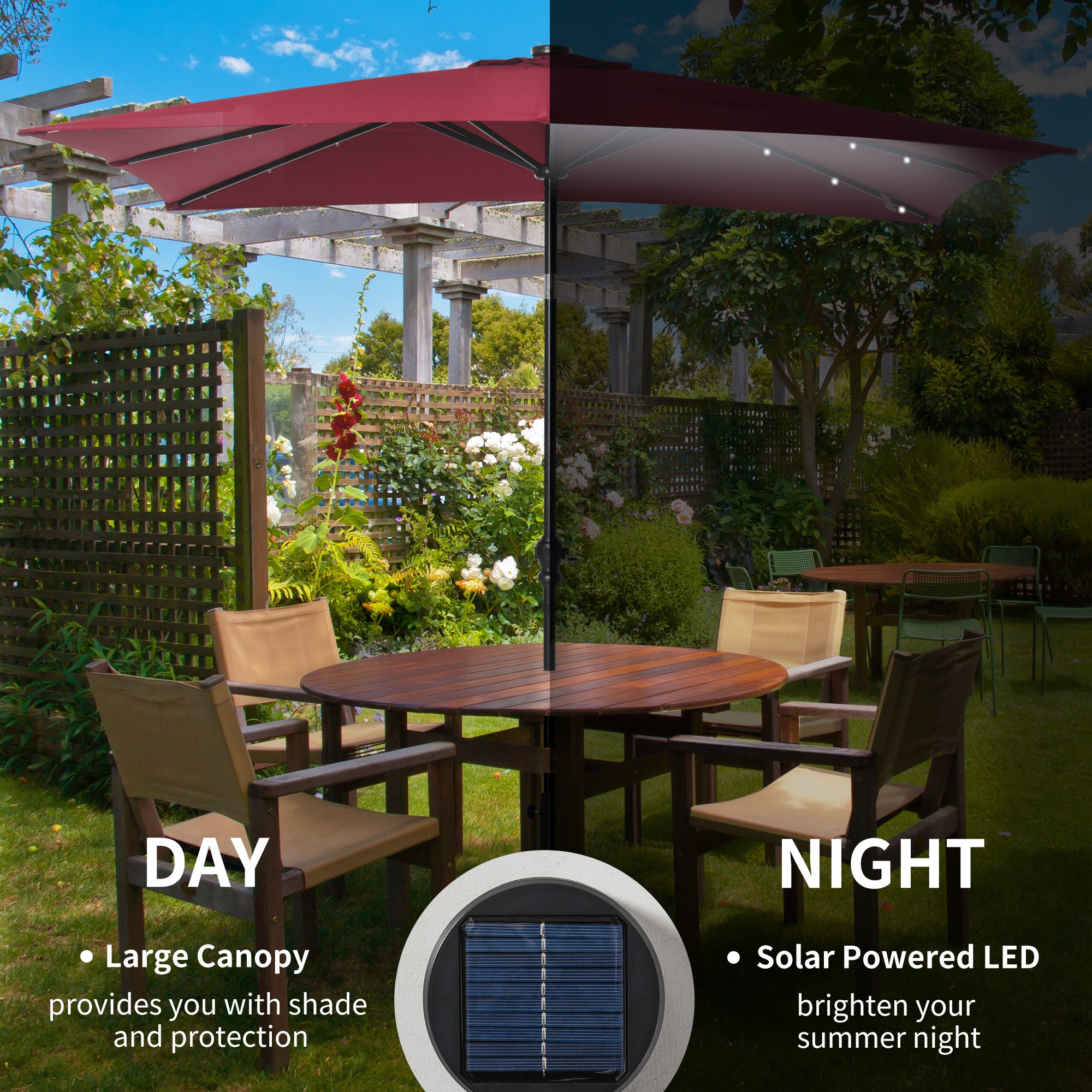 9ft Solar LED Patio Umbrella Outdoor Table Market Shade Crank Red