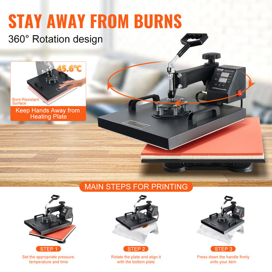 VEVOR Heat Press Machine 2In1 15x15in Sublimation Print Transfer DIY T-shirt Cap