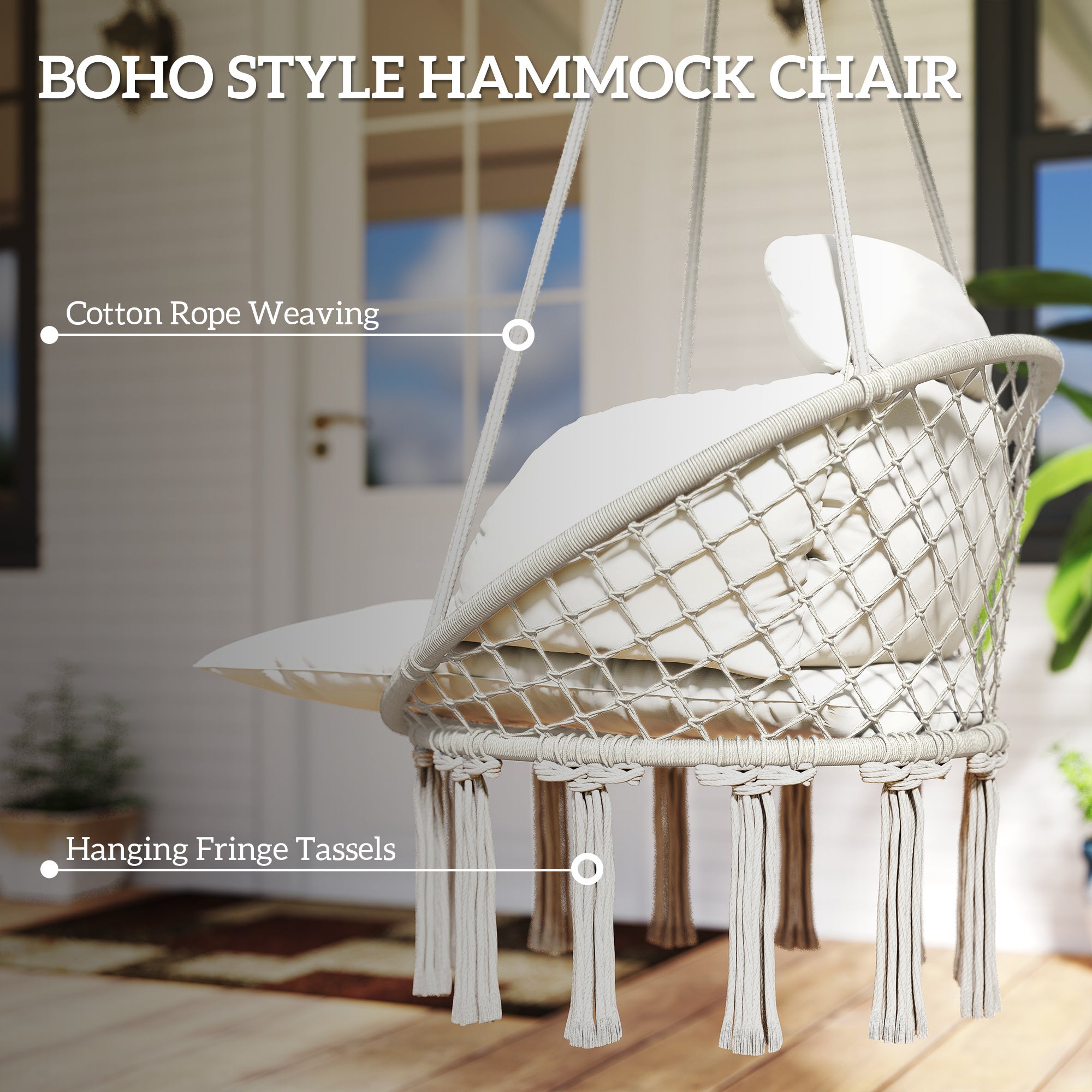 Hammock Swing Chair, Hanging Chair With Large Cushion, Chain, Steel Frame For Indoor Outdoor Use, Cream White