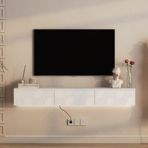 Floating TV Stand Wall Mounted With 16 Color LEDs,Modern TV Stand, Floating TV Cabinet Entertainment Center For 55 60 65 Inch TV,White