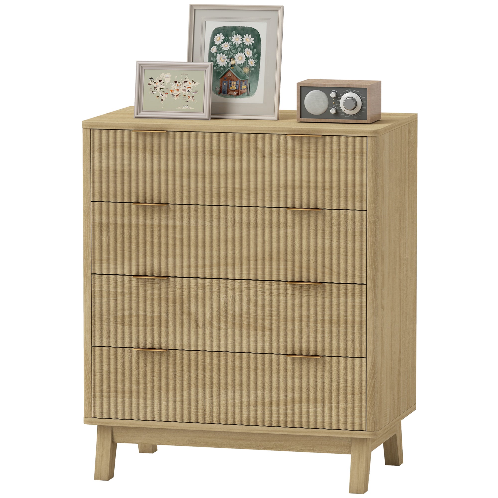 4 Drawer Double Dresser For Bedroom, Fluted Chest Of Drawers With Gold Finger Pulls And 4 Wood Legs, Natural Wood