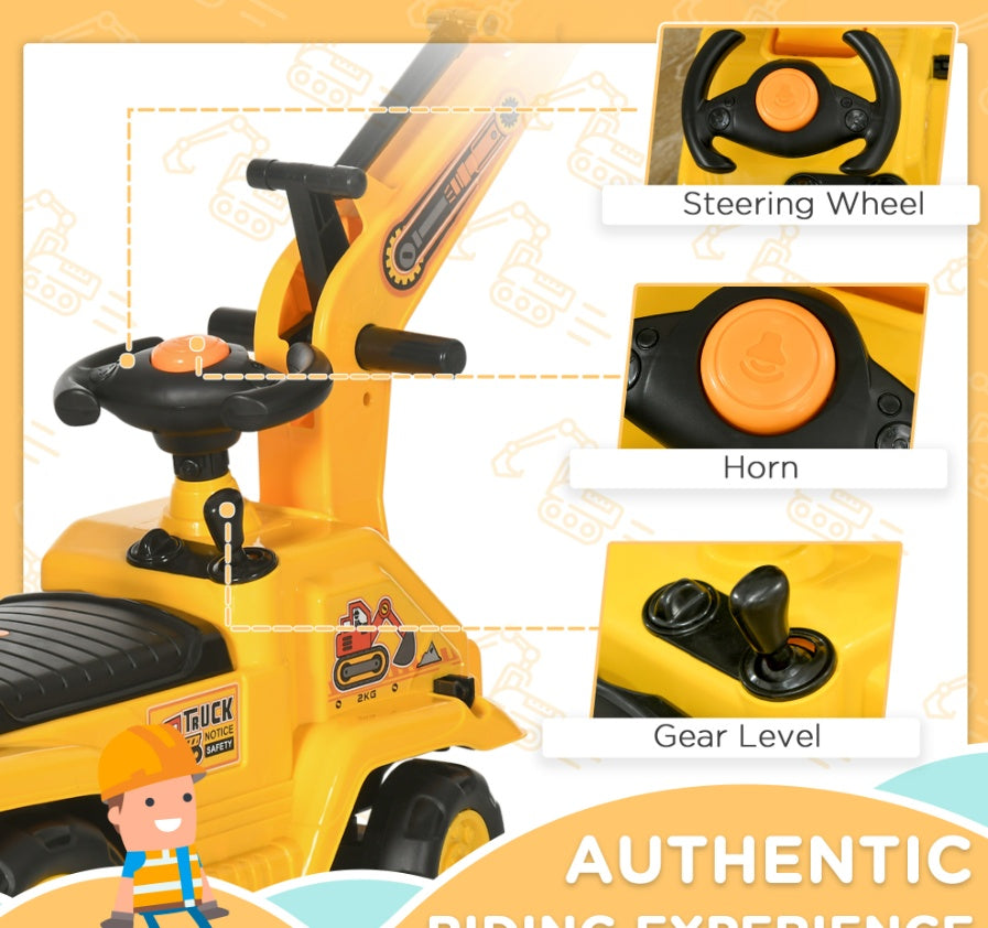 3-in-1 Ride On Excavator Digger Scooter & Pulling Cart, Construction Pretend Play Toy For Kids