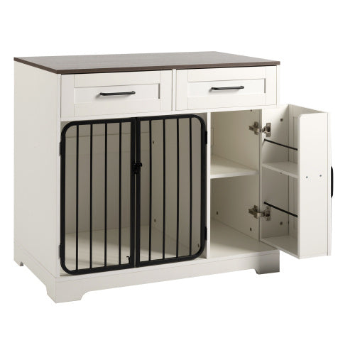 Dog Crate Furniture, Indoor Dog Kennel With 2 Drawers And Storage Cabinet, Modern Furniture Dog Crate Side End Table For Small Medium Dogs, White