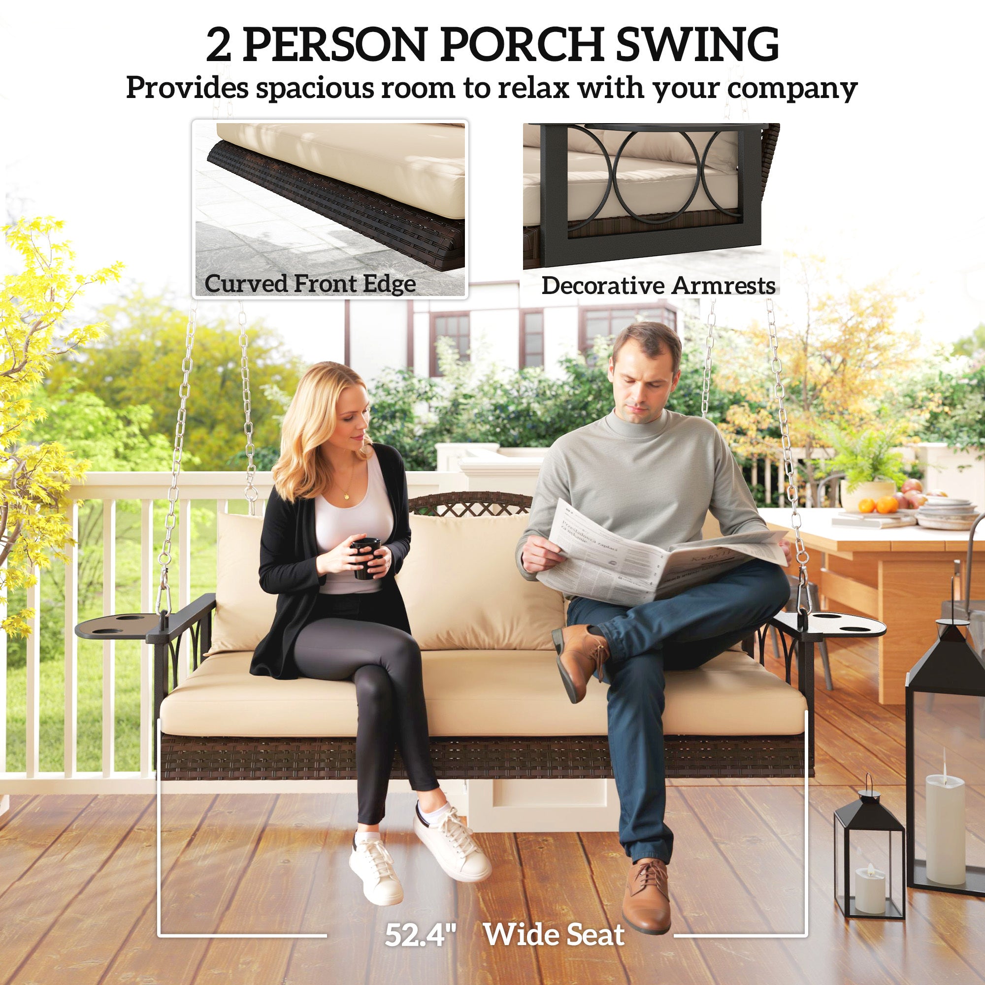 3 Person Wicker Hanging Outdoor Patio Porch Swing Bench With Cup Holders, Cushions, And Chains, Brown