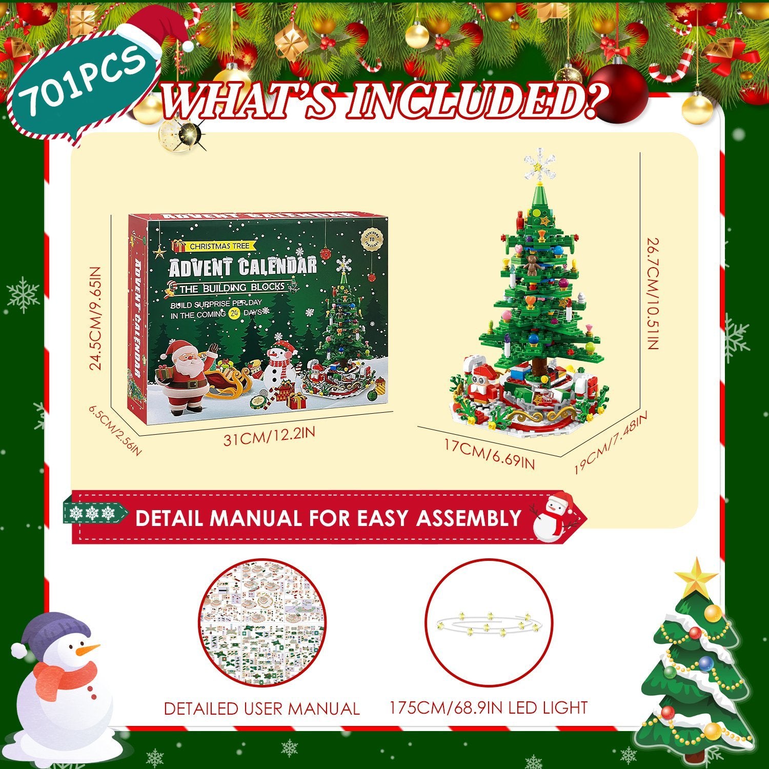 2025 Year Christmas Tree Building Set With LED Light Tabletop Christmas Building Block 24 Days Christmas Countdown Calendar For Boys Girls 3-6