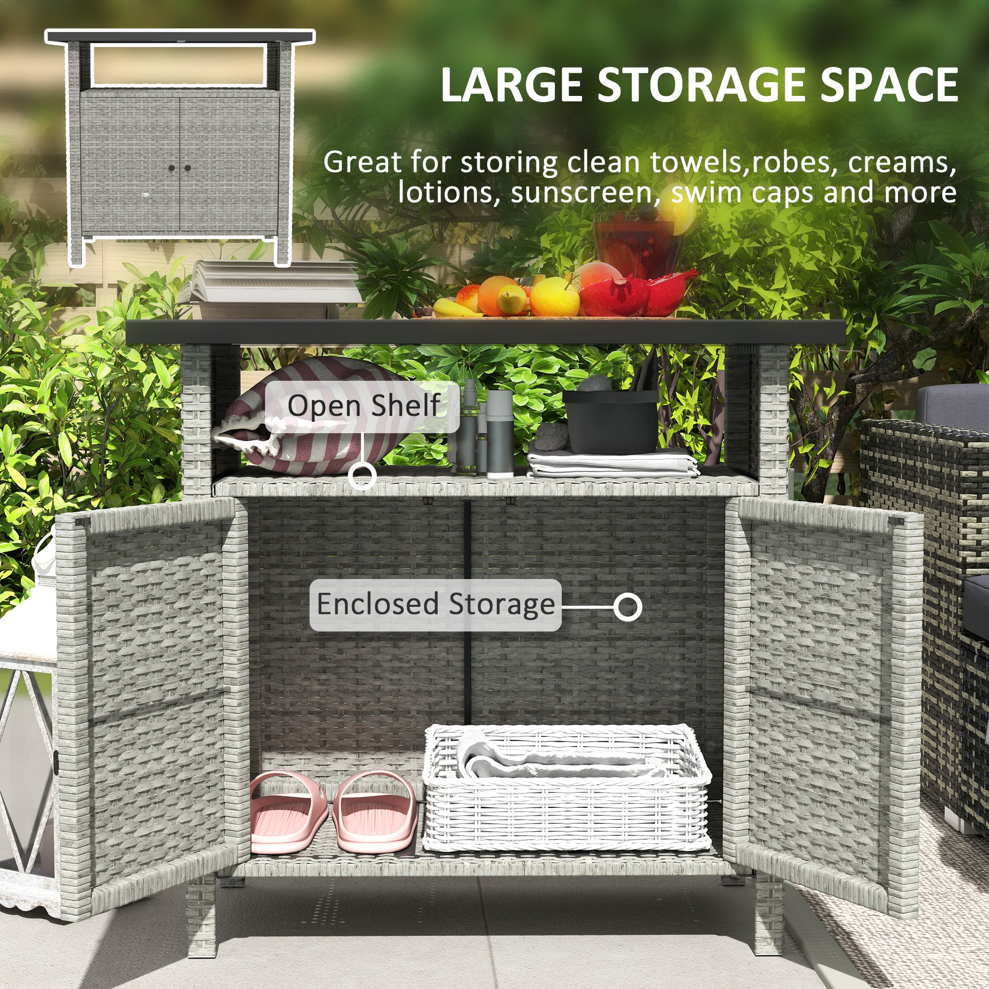 Wicker Outdoor Storage Cabinet With Two Doors And Shelf For Outdoor Pool Towel Storage, Gray
