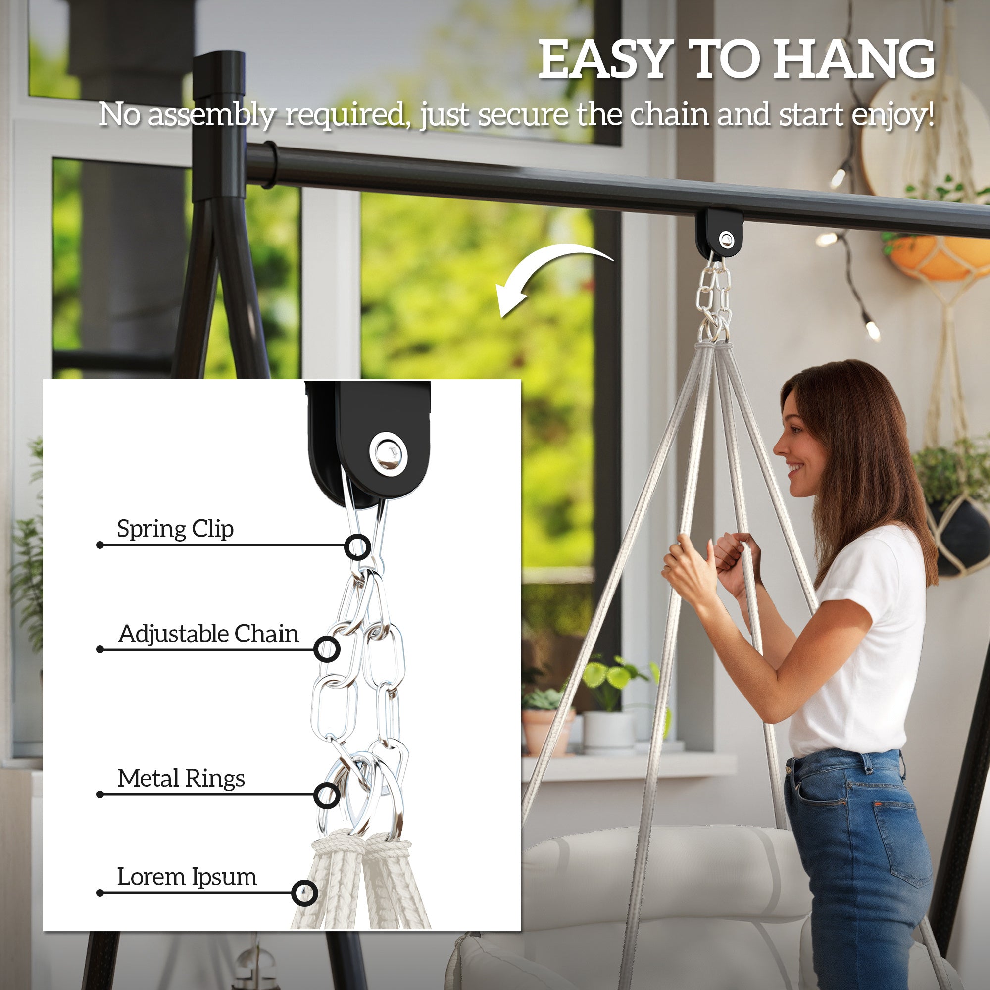 Hammock Swing Chair, Hanging Chair With Large Cushion, Chain, Steel Frame For Indoor Outdoor Use, Cream White