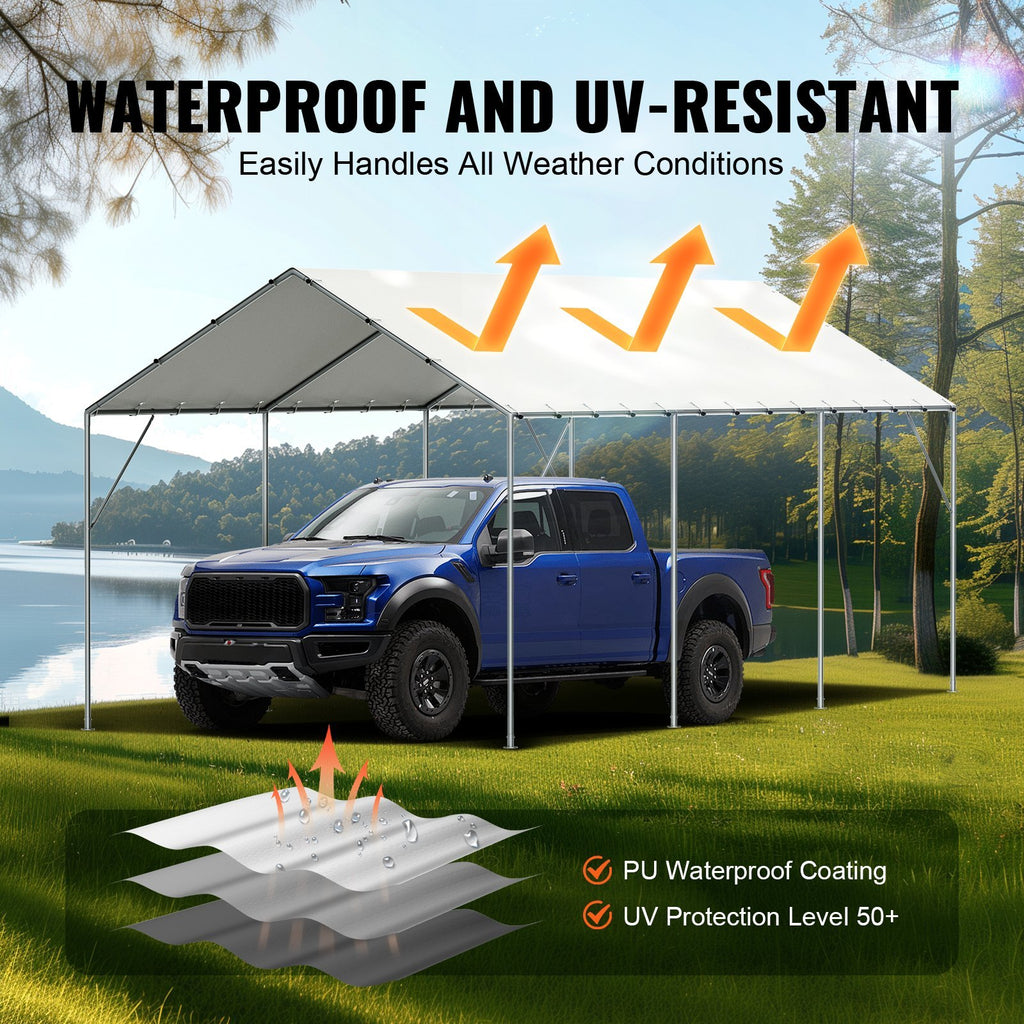 VEVOR 10 X 20 Ft Carport Replacement Canopy Cover, Garage Top Tent Shelter Tarp Heavy-Duty Waterproof & UV Protected, Easy Installation With 40 Ball Bungeess Only Top Cover, Frame Not Include , White