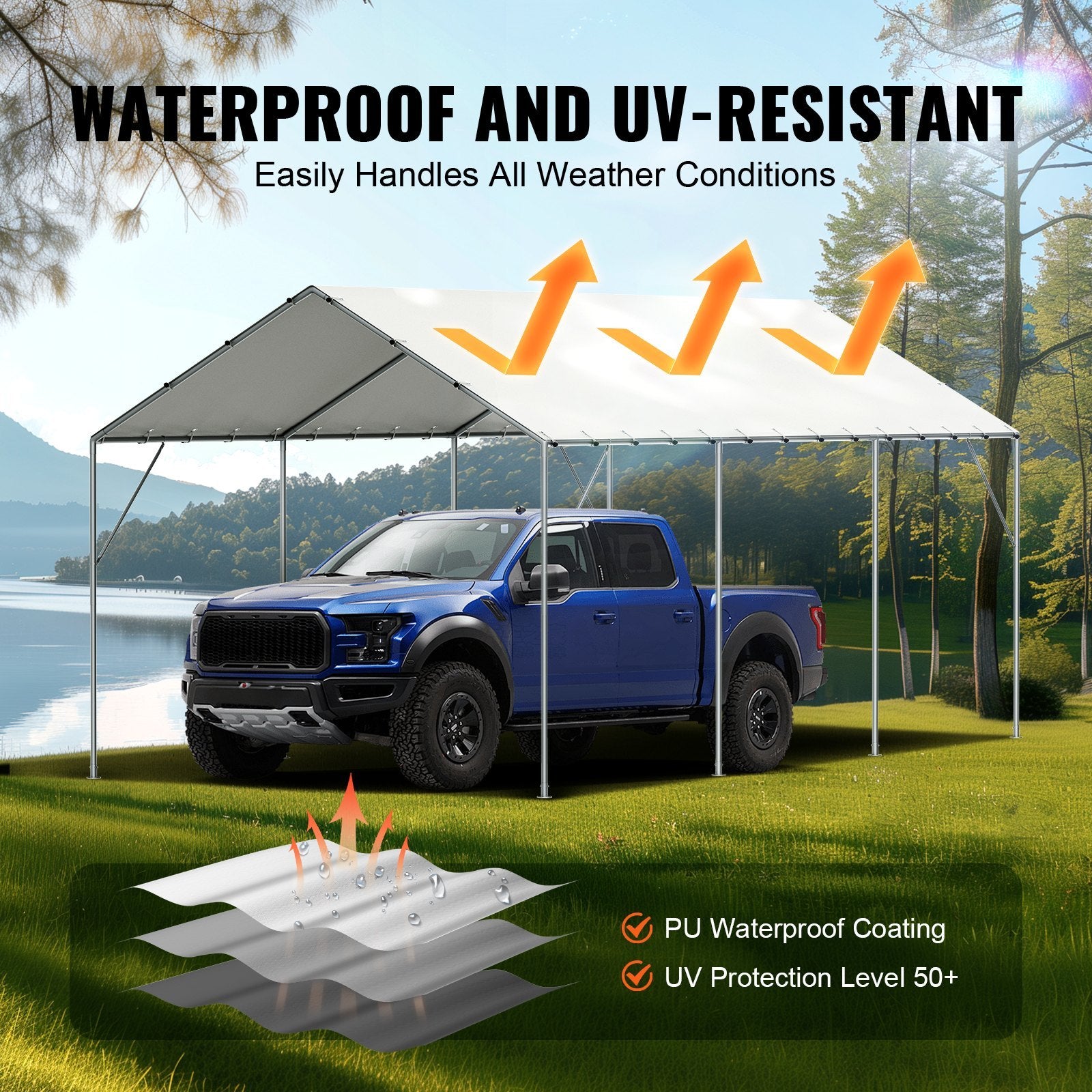 VEVOR 10 X 20 Ft Carport Replacement Canopy Cover, Garage Top Tent Shelter Tarp Heavy-Duty Waterproof & UV Protected, Easy Installation With 40 Ball Bungeess Only Top Cover, Frame Not Include , White