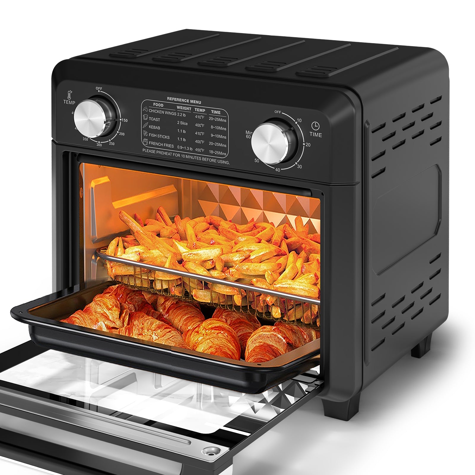 11QT Compact Air Fryer Toaster Oven, 1000W, Convection Countertop, With Reference Menus, 2-Slice Toaster, Adjustable Time And Temperature, Black