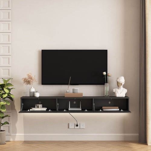 Floating TV Stand Wall Mounted With 16 Color LEDs,Modern TV Stand, Floating TV Cabinet Entertainment Center For 55 60 65 Inch TV,Black