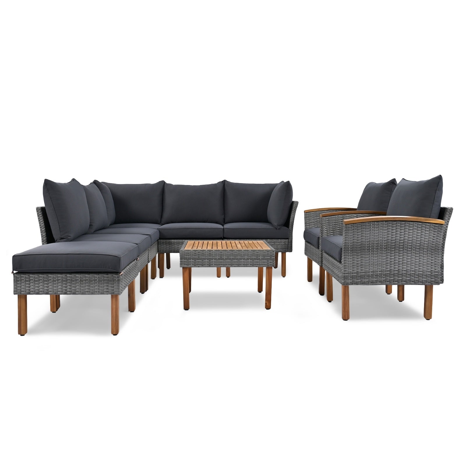 9-Piece Patio Rattan Set With Acacia Wood Legs & Tabletop, Outdoor Conversation