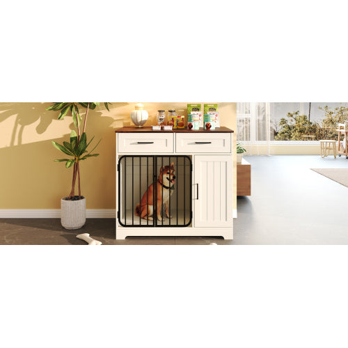 Dog Crate Furniture, Indoor Dog Kennel With 2 Drawers And Storage Cabinet, Modern Furniture Dog Crate Side End Table For Small Medium Dogs, White