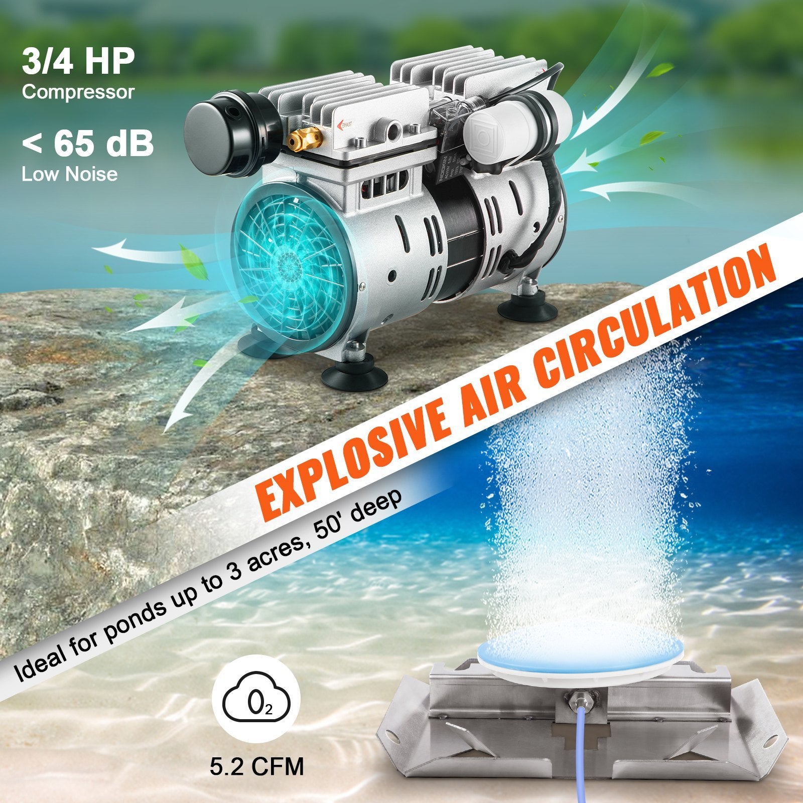 VEVOR Pond Aerator, 550W Power, 5.2CFM For Up To 3 Acre 50Lake, Pond Aeration Kit Includes  Compressor  Weighted Tubings & 2 Diffusers