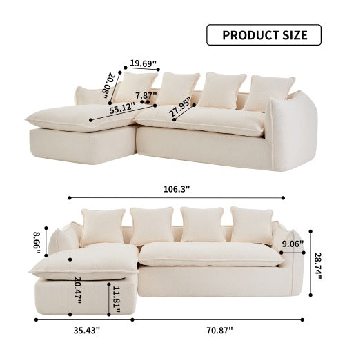 Provided Sofa Deep Seat Sofa 3 Seater For Living Room Oversized Comfy Sofa L-Shape Sofa Couch With Chaise Home Furniture Sleeper Sectional Sofa For Apartment, Office Left Hand Facing
