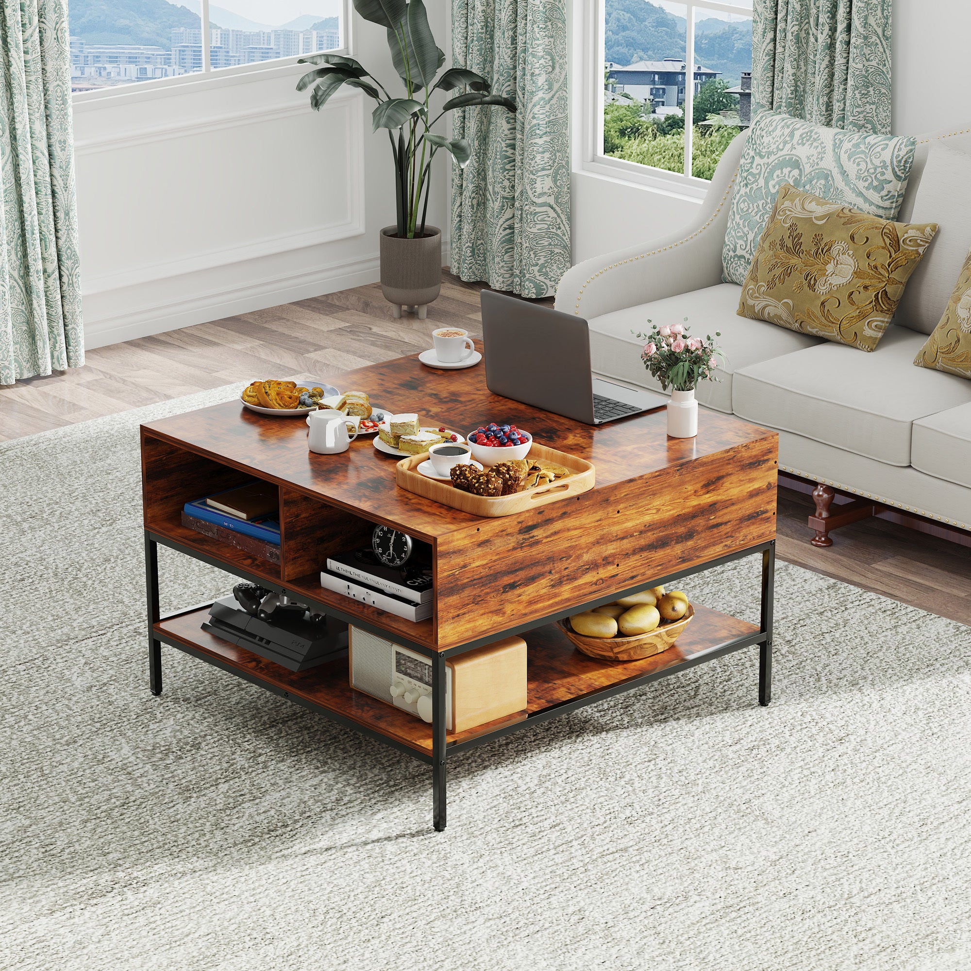 Farmhouse Flip Top Coffee Table With Storage Rustic Wood Grain Table, Hidden Storage Compartment For Living Room, Sturdy Metal Frame Easy To Assemble & Clean