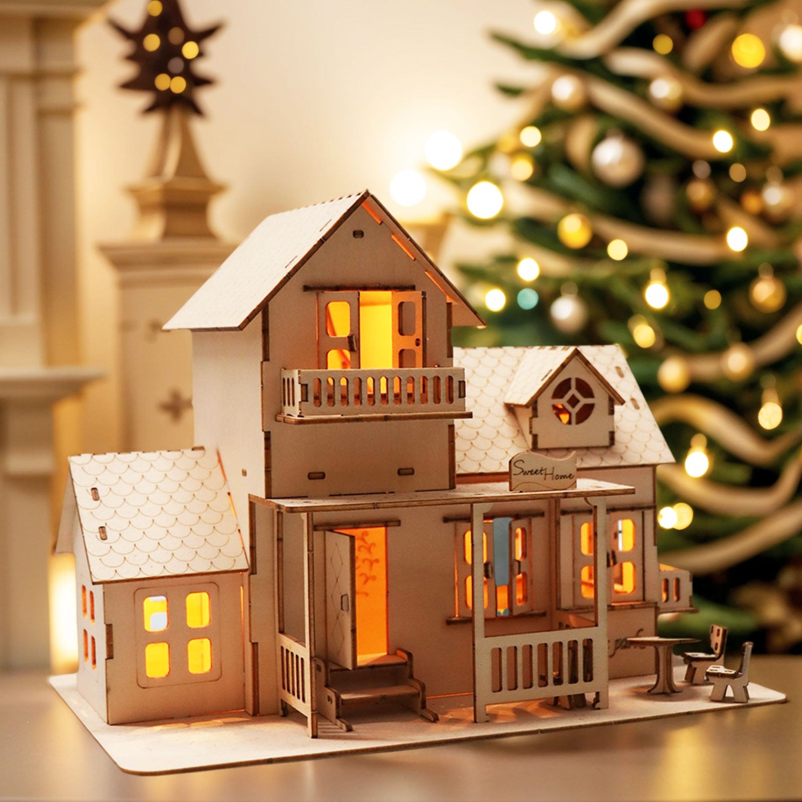 3D Wooden Puzzle Sweet Home Music Box Hands Craft Miniature Dollhouse Kits 3D Model Diy House Building With LED Night Lights Gifts For Christmas