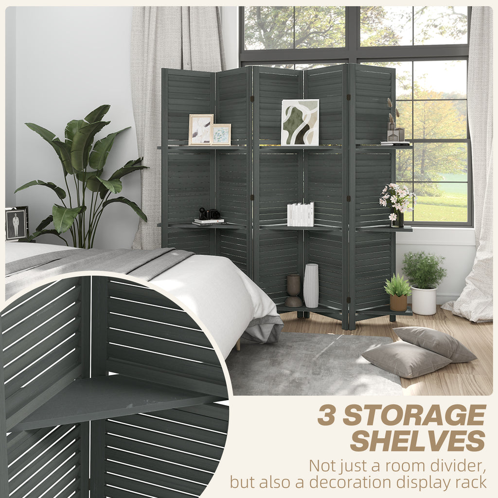 5 Panel 67 Tall Wood Privacy Screen Room Divider With 3 Shelves And Folding Storage For Bedroom, Gray