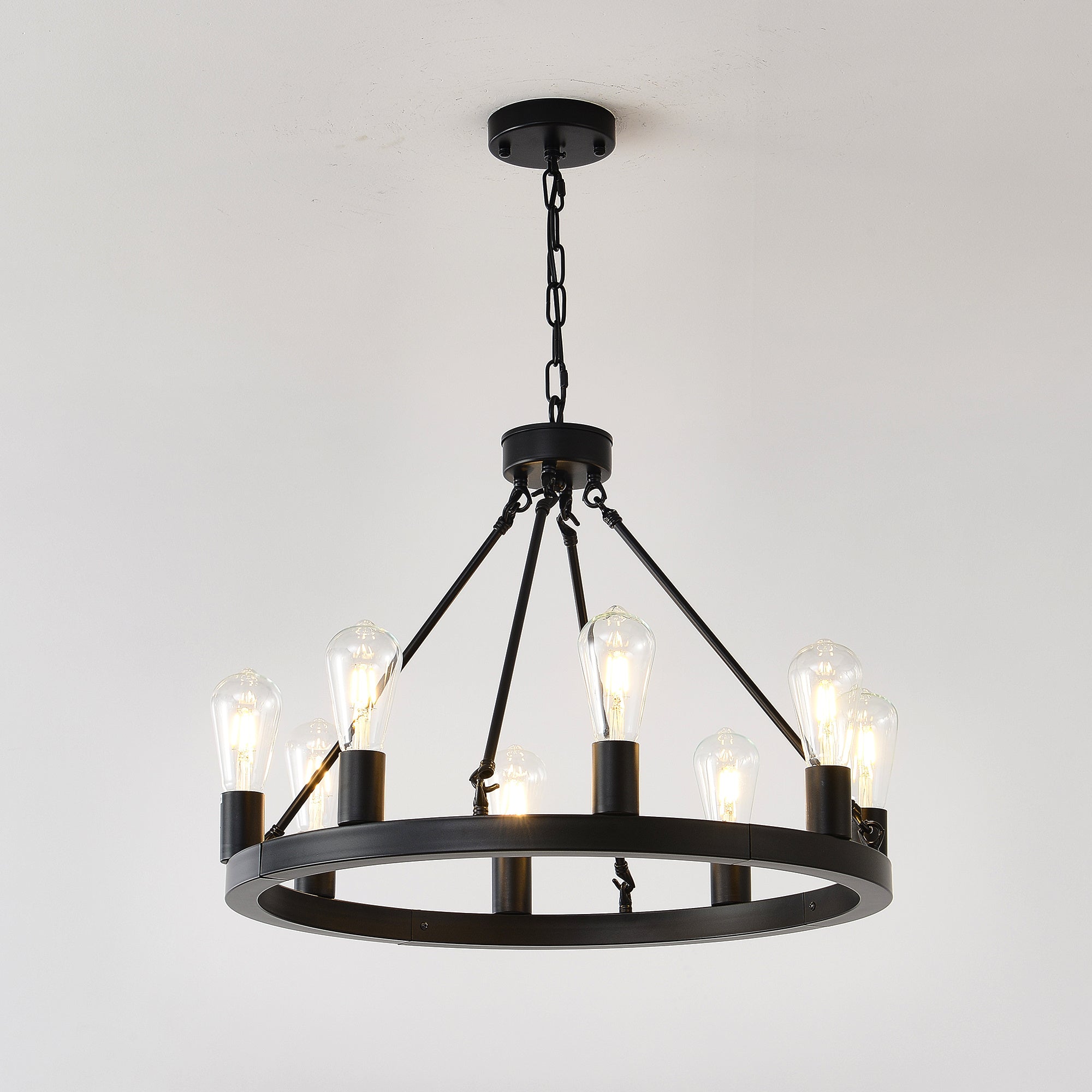 8-Light No Bulbs Matte Black Wagon Wheel Chandelier Farmhouse Modern Small Round Chandelier For Living Room Kitchen Island Foyer Hallway Entryway Bedroom Dining Room Light Fixture Ceiling Hanging