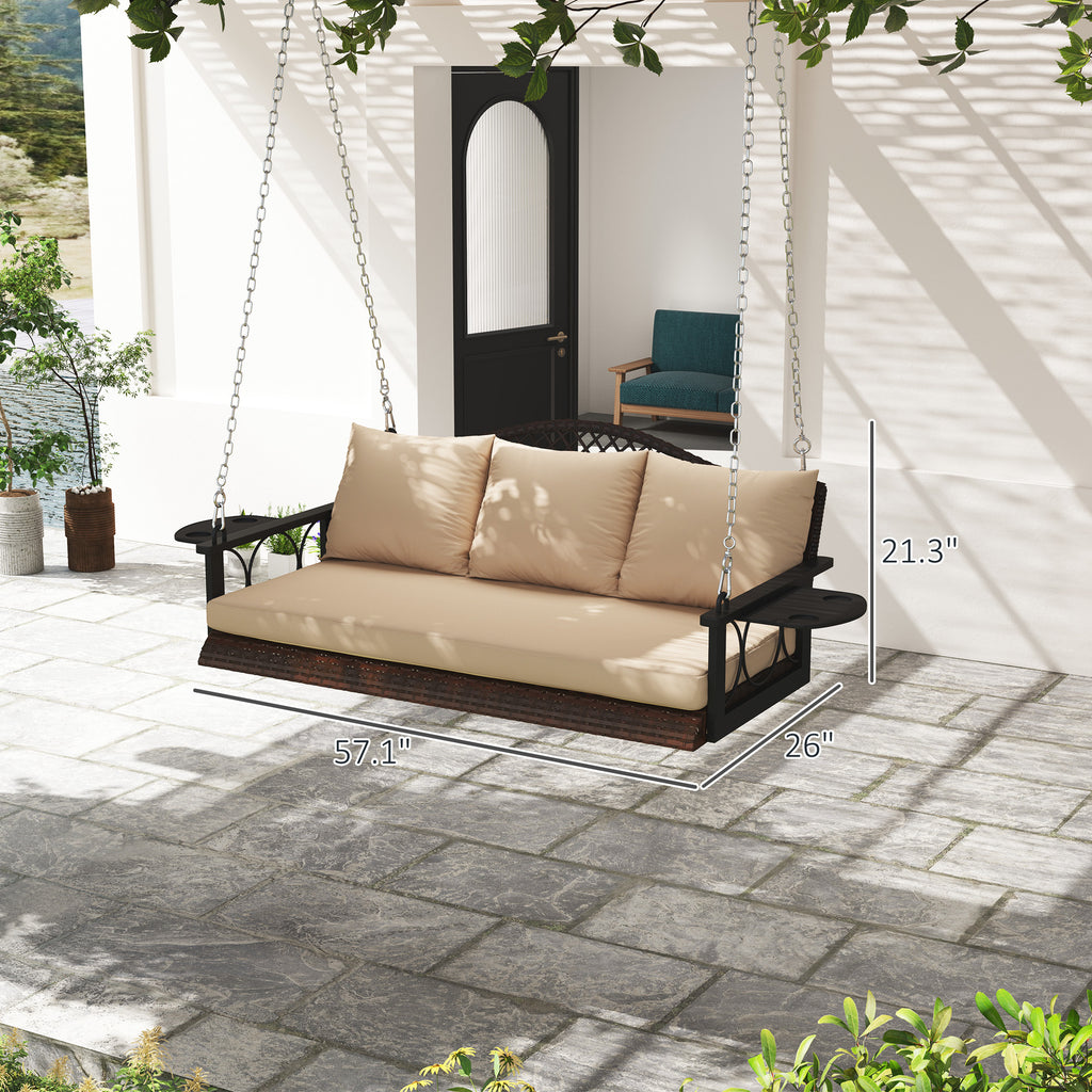 3 Person Wicker Hanging Outdoor Patio Porch Swing Bench With Cup Holders, Cushions, And Chains, Brown
