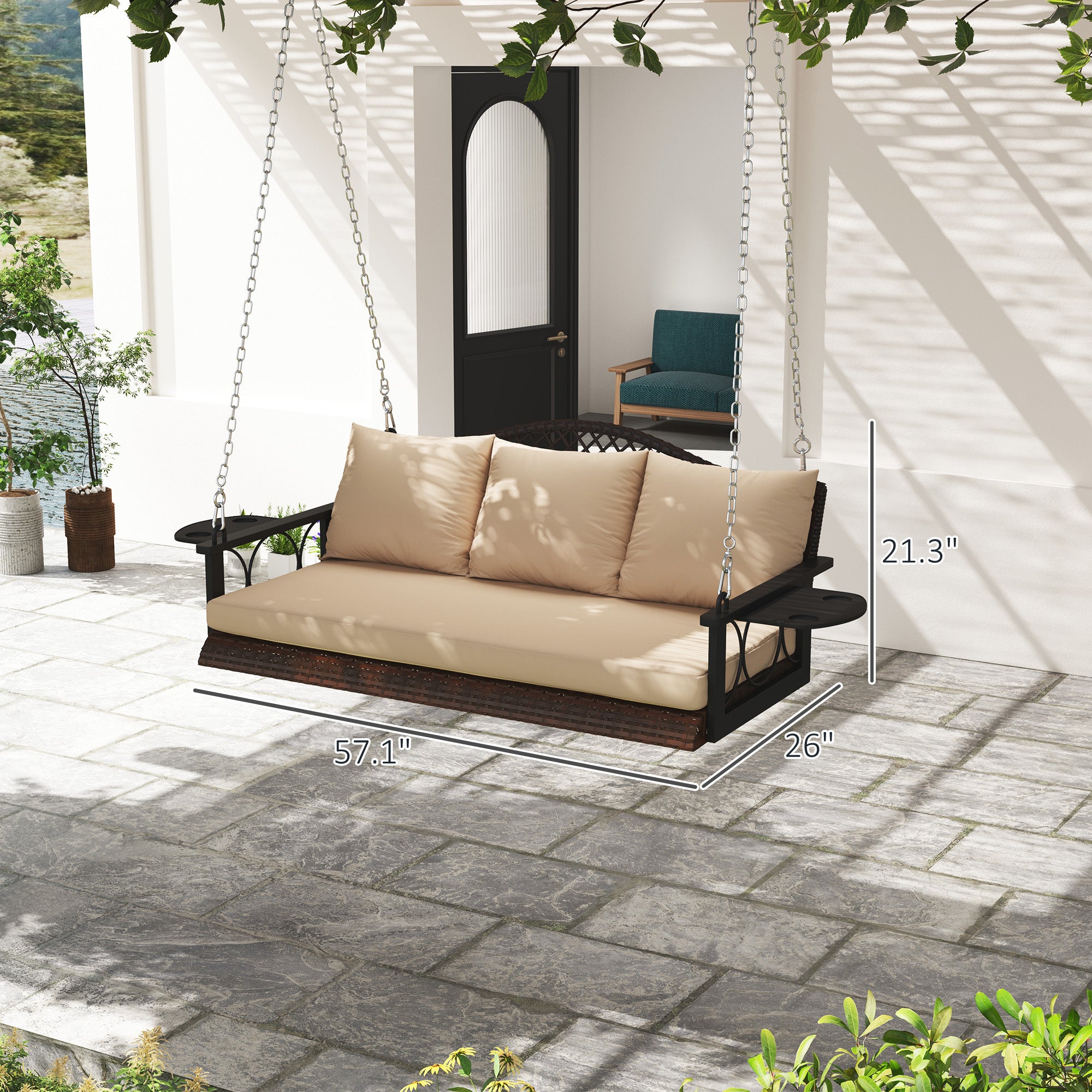 3 Person Wicker Hanging Outdoor Patio Porch Swing Bench With Cup Holders, Cushions, And Chains, Brown