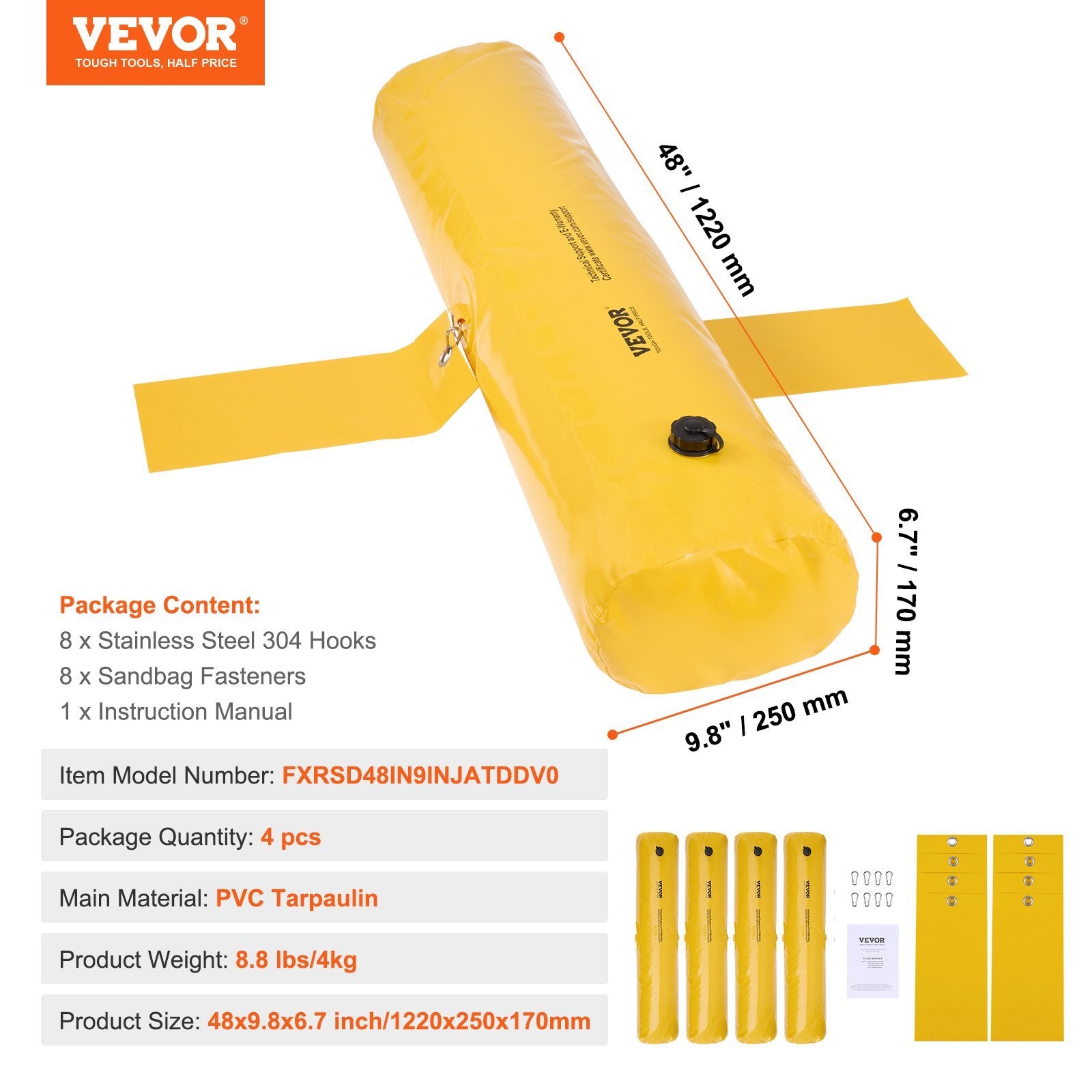 VEVOR Flood Barriers, SandbagAlternative Flood Bags 4 Pack,  Flood Barrier For Home, Water Barriers For Flooding, Doorway, Driveway 4FTx6in