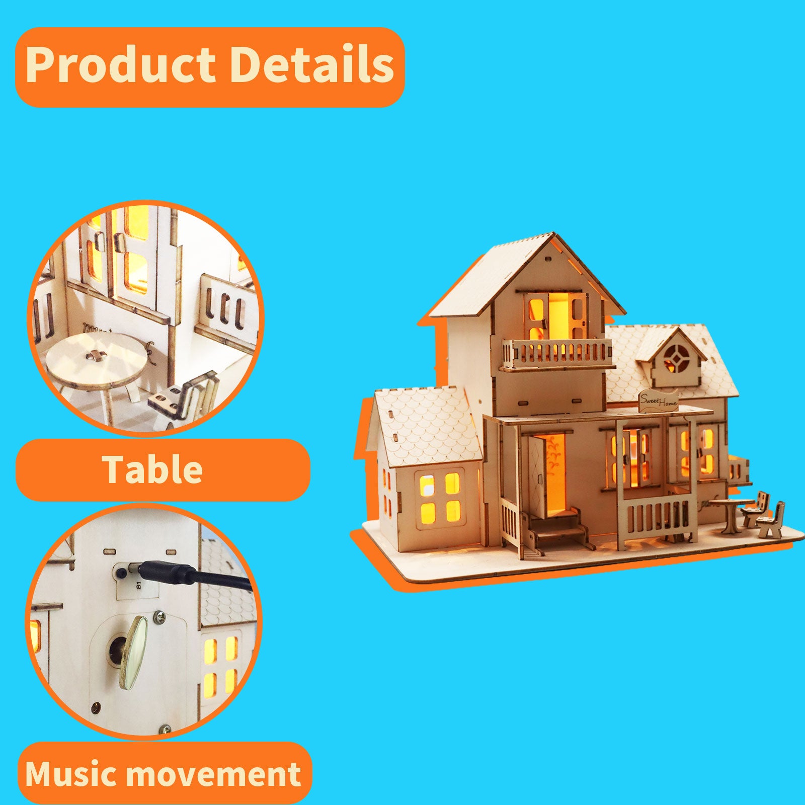 3D Wooden Puzzle Sweet Home Music Box Hands Craft Miniature Dollhouse Kits 3D Model Diy House Building With LED Night Lights Gifts For Christmas