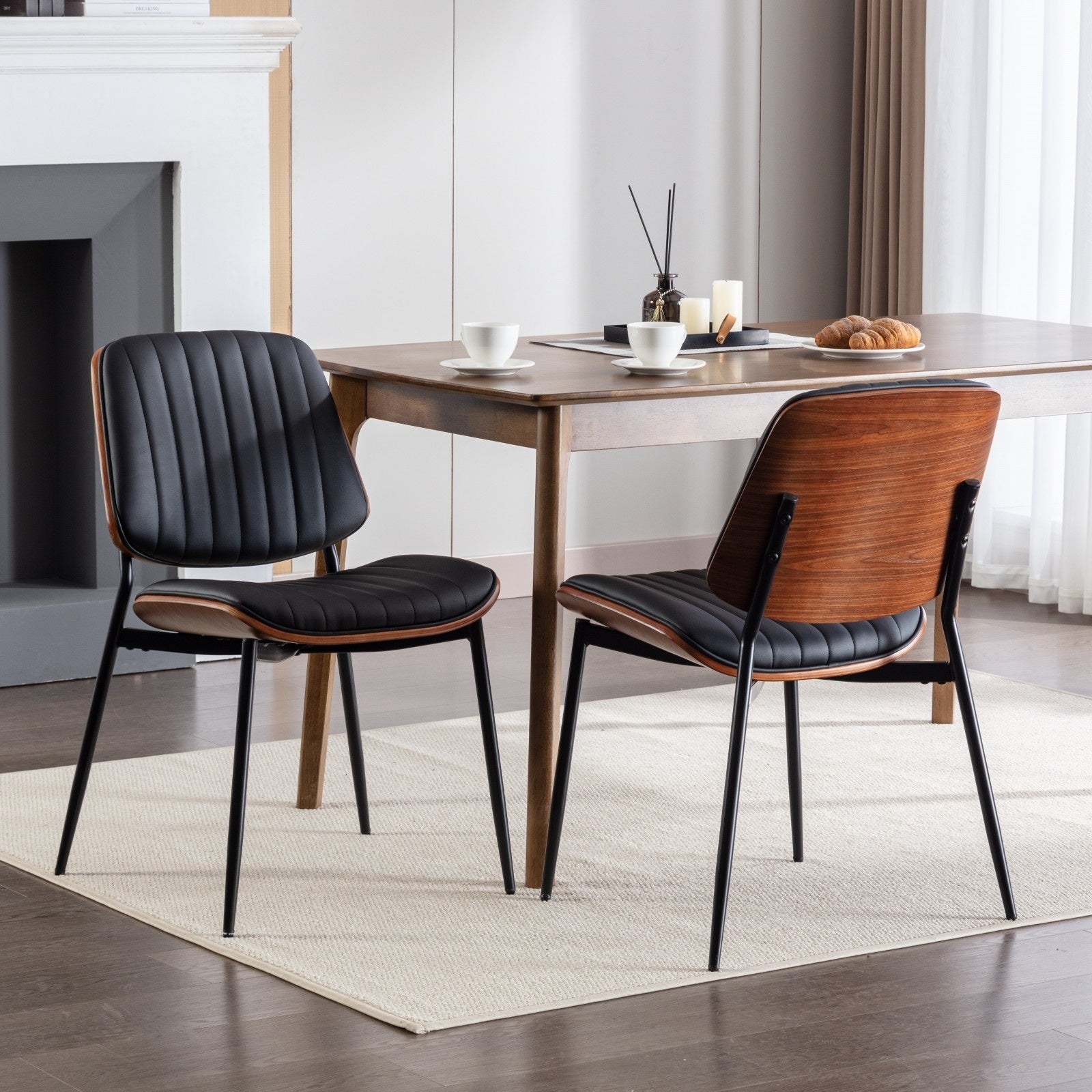 Dining Chairs Set Of 2 Mid Century Modern Retro Faux Leather Chair With Walnut Bentwo
