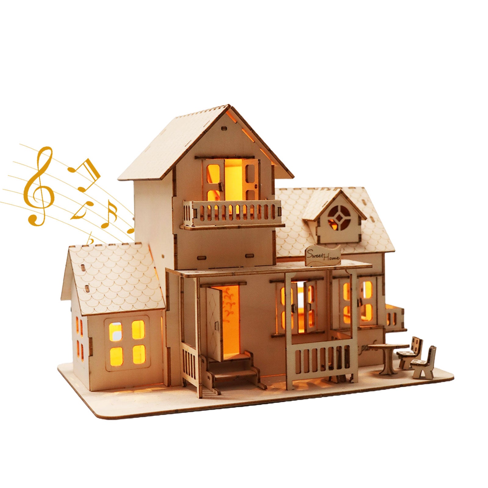 3D Wooden Puzzle Sweet Home Music Box Hands Craft Miniature Dollhouse Kits 3D Model Diy House Building With LED Night Lights Gifts For Christmas