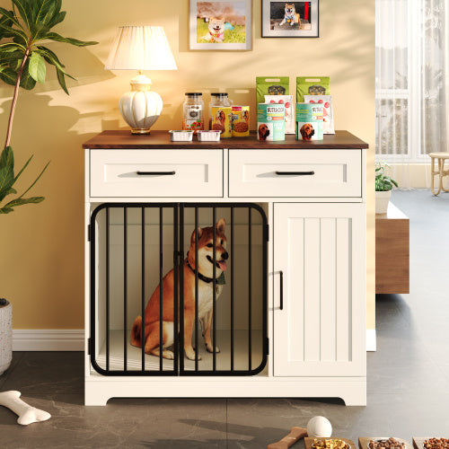 Dog Crate Furniture, Indoor Dog Kennel With 2 Drawers And Storage Cabinet, Modern Furniture Dog Crate Side End Table For Small Medium Dogs, White