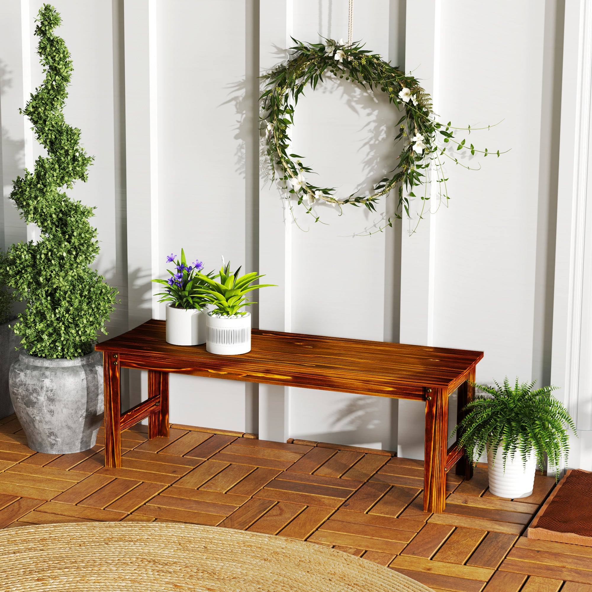 2-Seat Wood Garden Bench, Patio Bench Outdoor Bench With Slatted Seat, Backless Front Porch Bench For Park, Garden, Poolside, Deck, Carbonized
