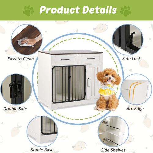 Dog Crate Furniture, Indoor Dog Kennel With 2 Drawers And Storage Cabinet, Modern Furniture Dog Crate Side End Table For Small Medium Dogs, White