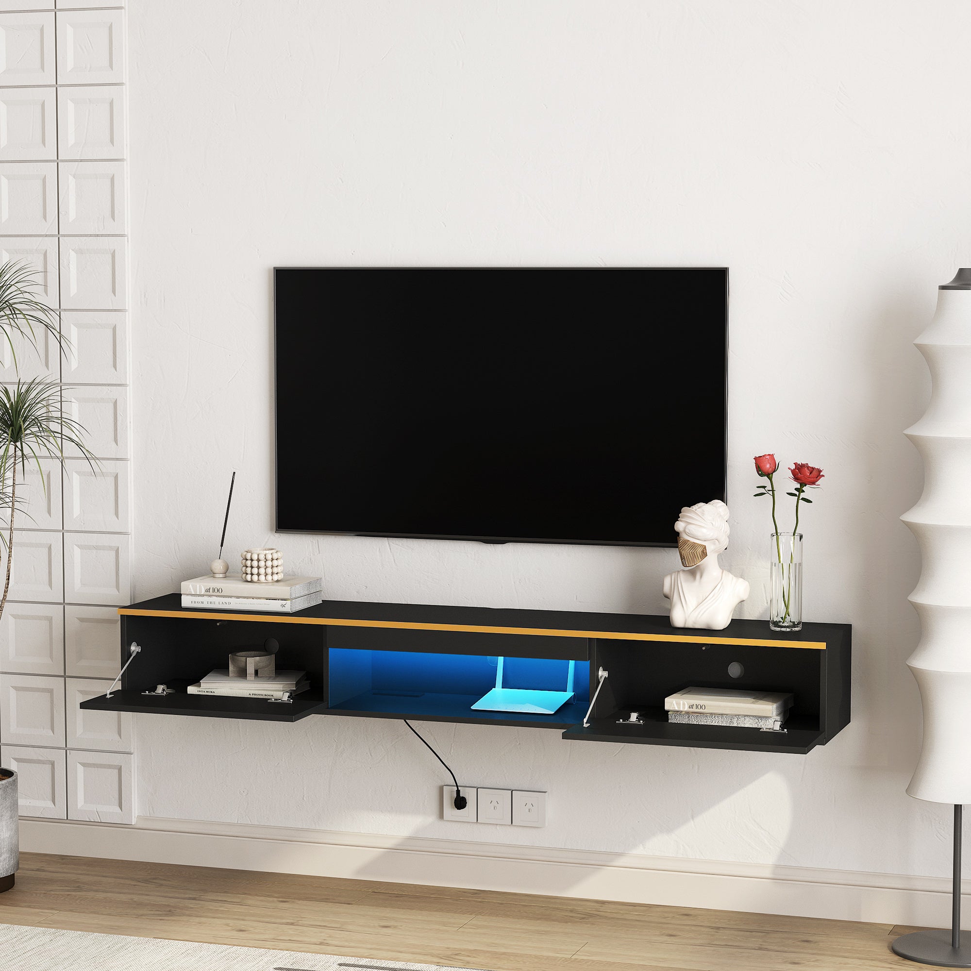 Floating TV Stand Wall Mounted With 16 Color LEDs,Modern TV Stand, Floating TV Cabinet Entertainment Center For 55 60 65 Inch TV,Black