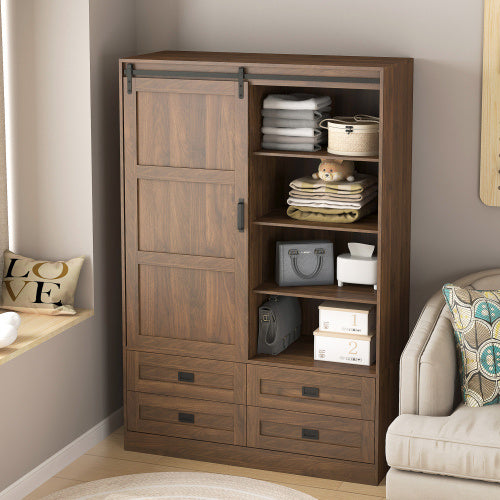 Tall Bedroom Armoire Wardrobe Closet Clothing Storage Cabinet With Hanging Rod Barn Door Drawers Open Shelves