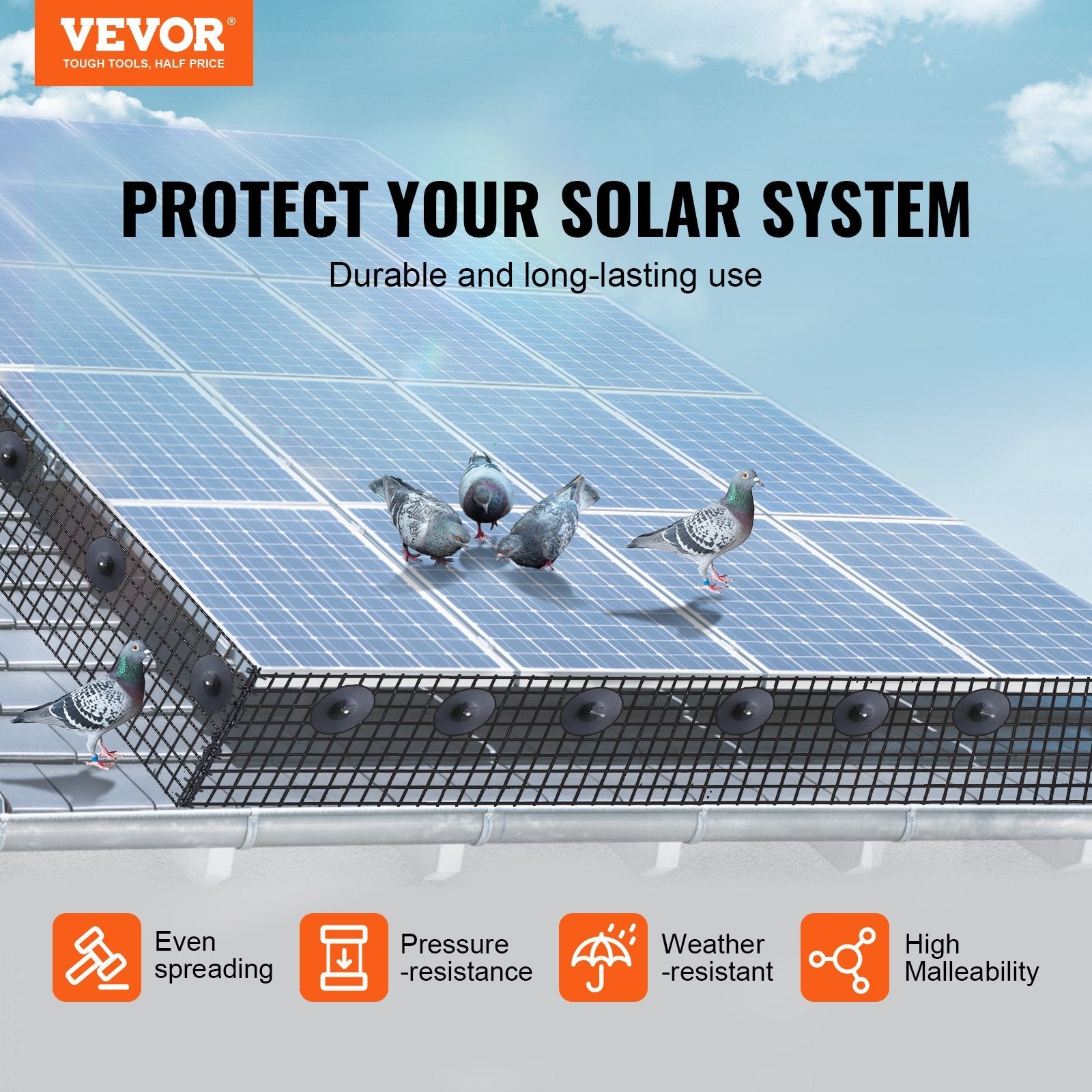 VEVOR 8InchX100ft Solar Panel Bird Guard, Critter Guard Roll Kit With Rust-proof PVC Coating, Solar Panel Guard With 50pcs Tire Wires,