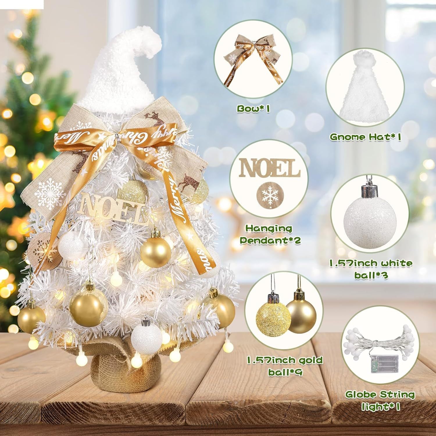 24 - Inch Snowy Christmas Tree. Golden Balls, Ribbons & Festive Hat