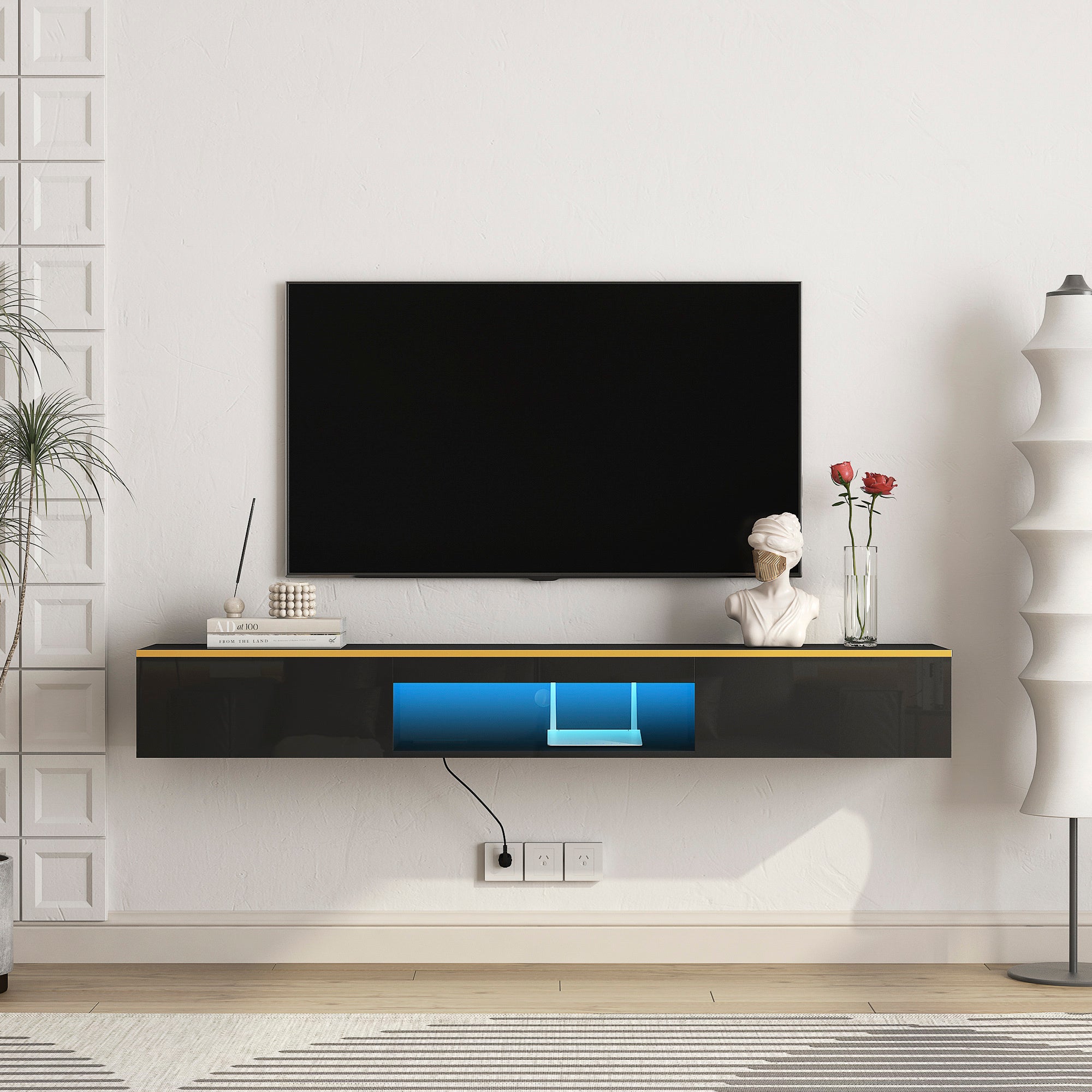 Floating TV Stand Wall Mounted With 16 Color LEDs,Modern TV Stand, Floating TV Cabinet Entertainment Center For 55 60 65 Inch TV,Black