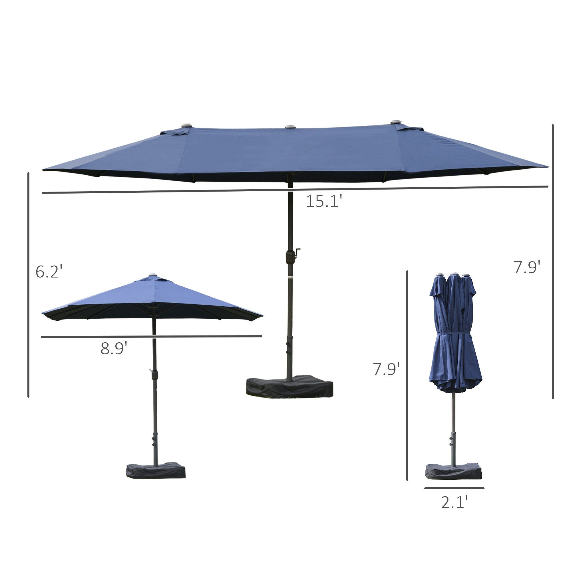 15ft Double-Sided Patio Umbrella Rust-Resistant Steel Umbrella For Poolside Shade, For Easy Crank Deck, Pool, Patio, Dark Blue