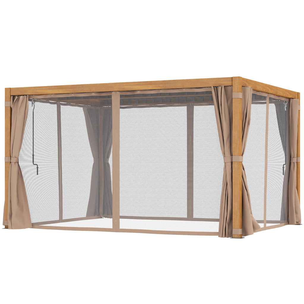 DIY 10 X 13 Outdoor Retractable Pergola WSun Shade Louvered Top, Pergola W Canopy, Curtains, Netting, Natural Wood
