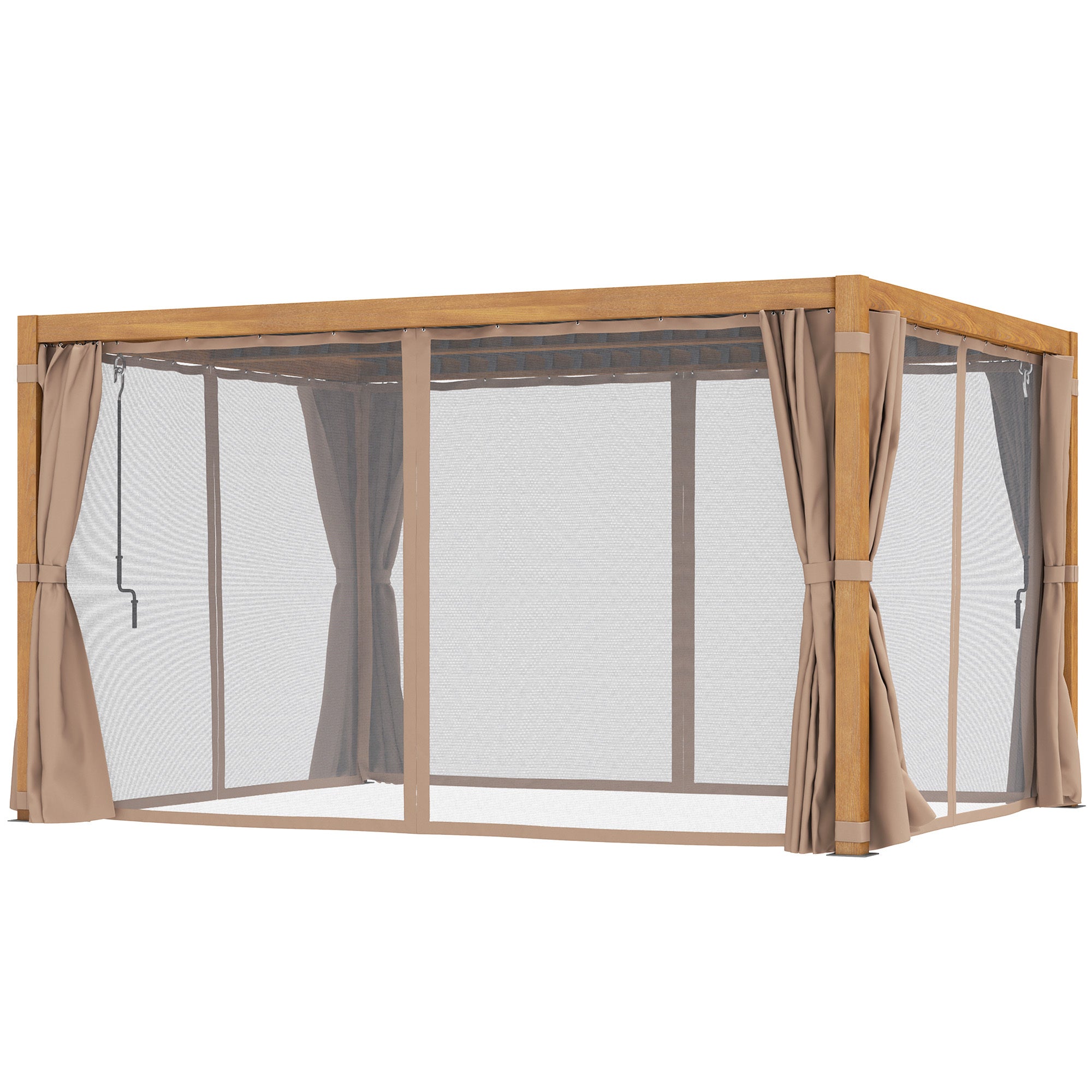 DIY 10 X 13 Outdoor Retractable Pergola WSun Shade Louvered Top, Pergola W Canopy, Curtains, Netting, Natural Wood