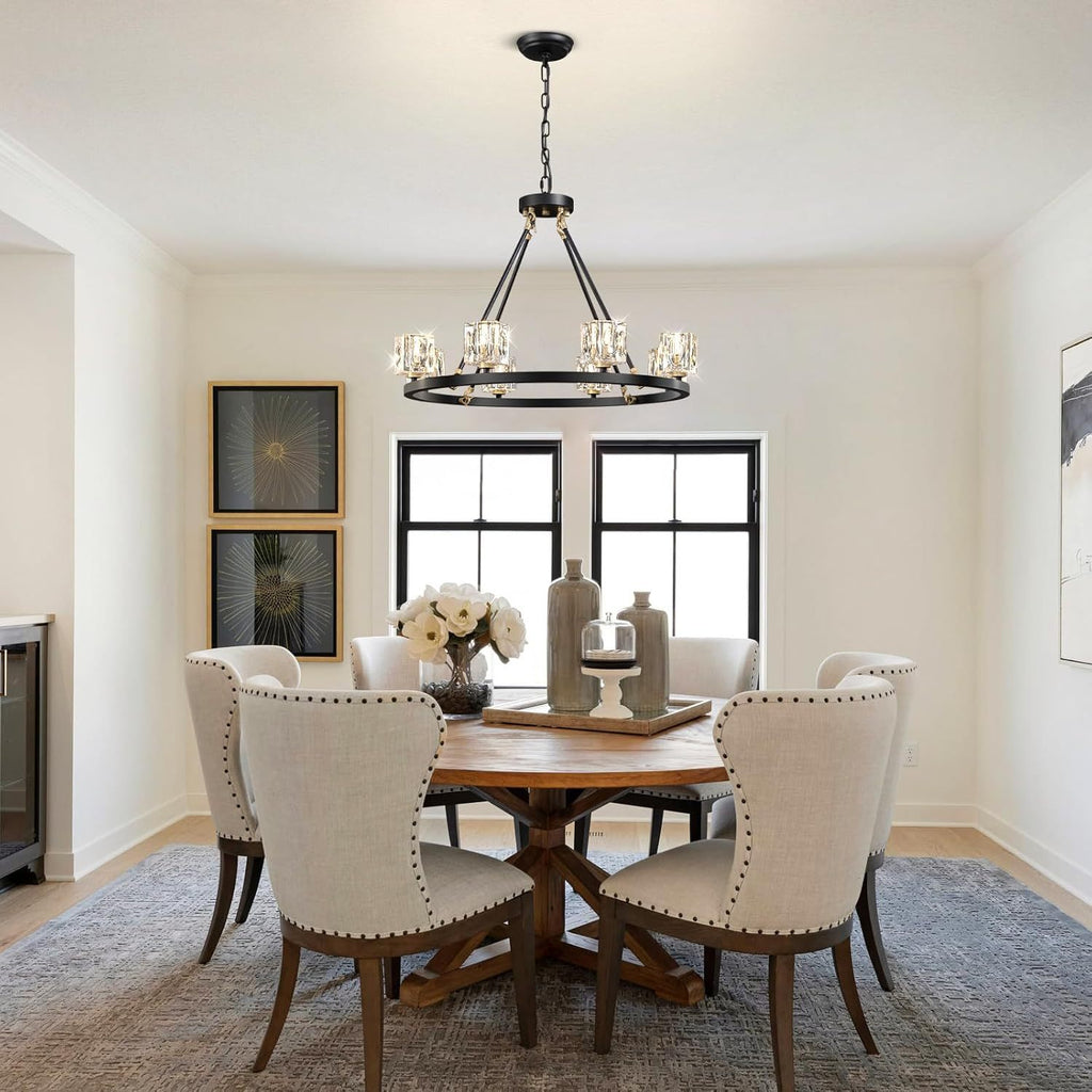 Black Wagon Wheel Chandelier, 8-Light Farmhouse Crystal Chandeleirs With Adjustable Height,Ceiling Hanging Light Fixture Pendant Lights For Living Room,Bedroom,Kitchen Island,Dining Room,Bedroom