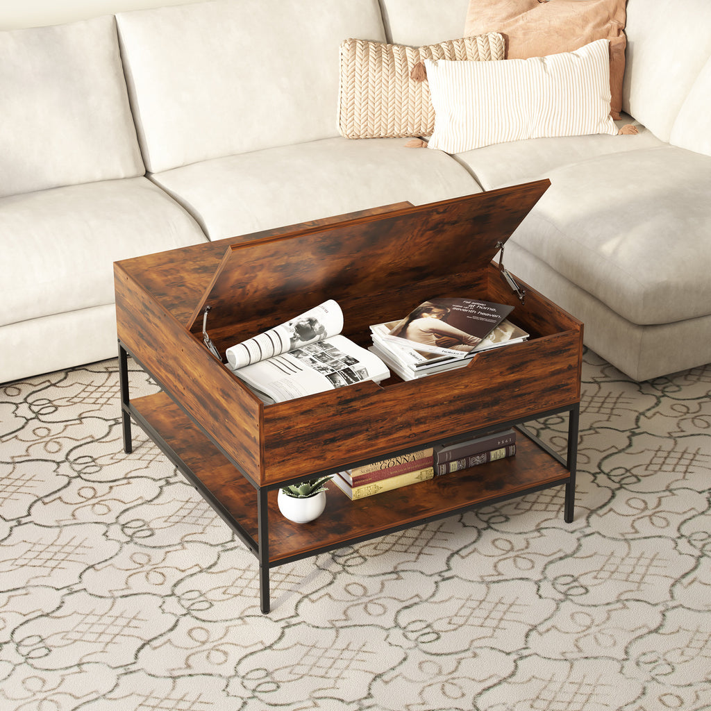 Farmhouse Flip Top Coffee Table With Storage Rustic Wood Grain Table, Hidden Storage Compartment For Living Room, Sturdy Metal Frame Easy To Assemble & Clean