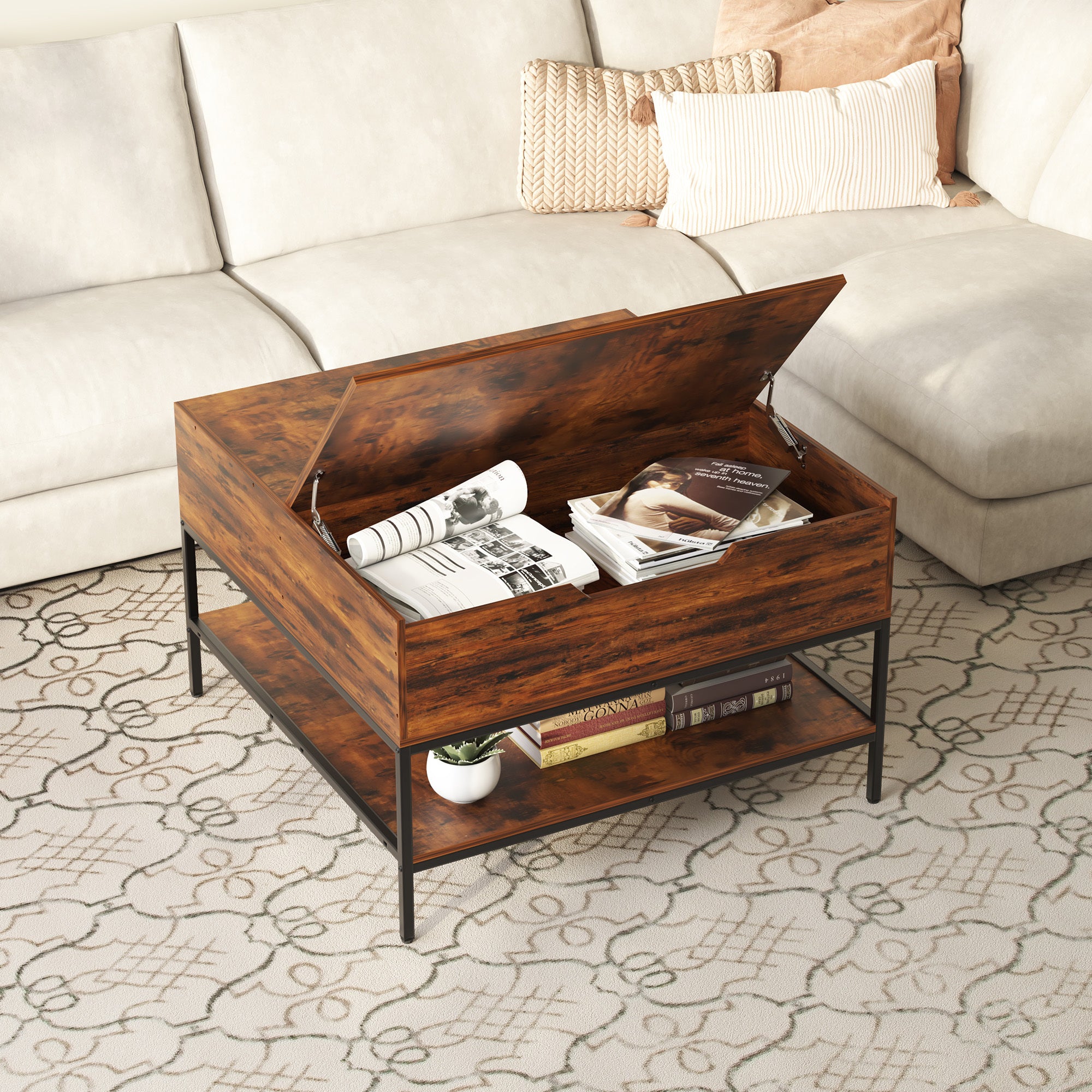 Farmhouse Flip Top Coffee Table With Storage Rustic Wood Grain Table, Hidden Storage Compartment For Living Room, Sturdy Metal Frame Easy To Assemble & Clean