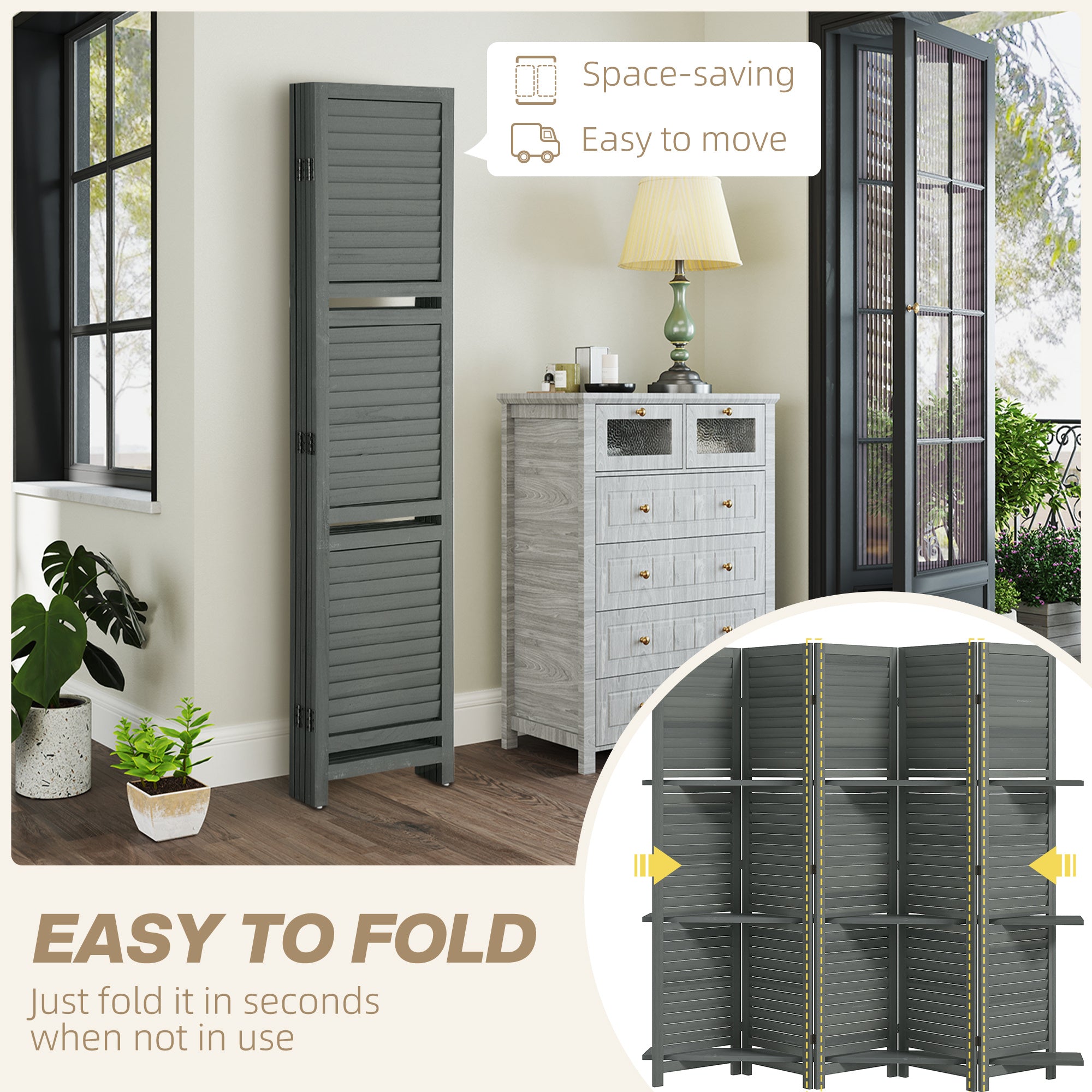 5 Panel 67 Tall Wood Privacy Screen Room Divider With 3 Shelves And Folding Storage For Bedroom, Gray