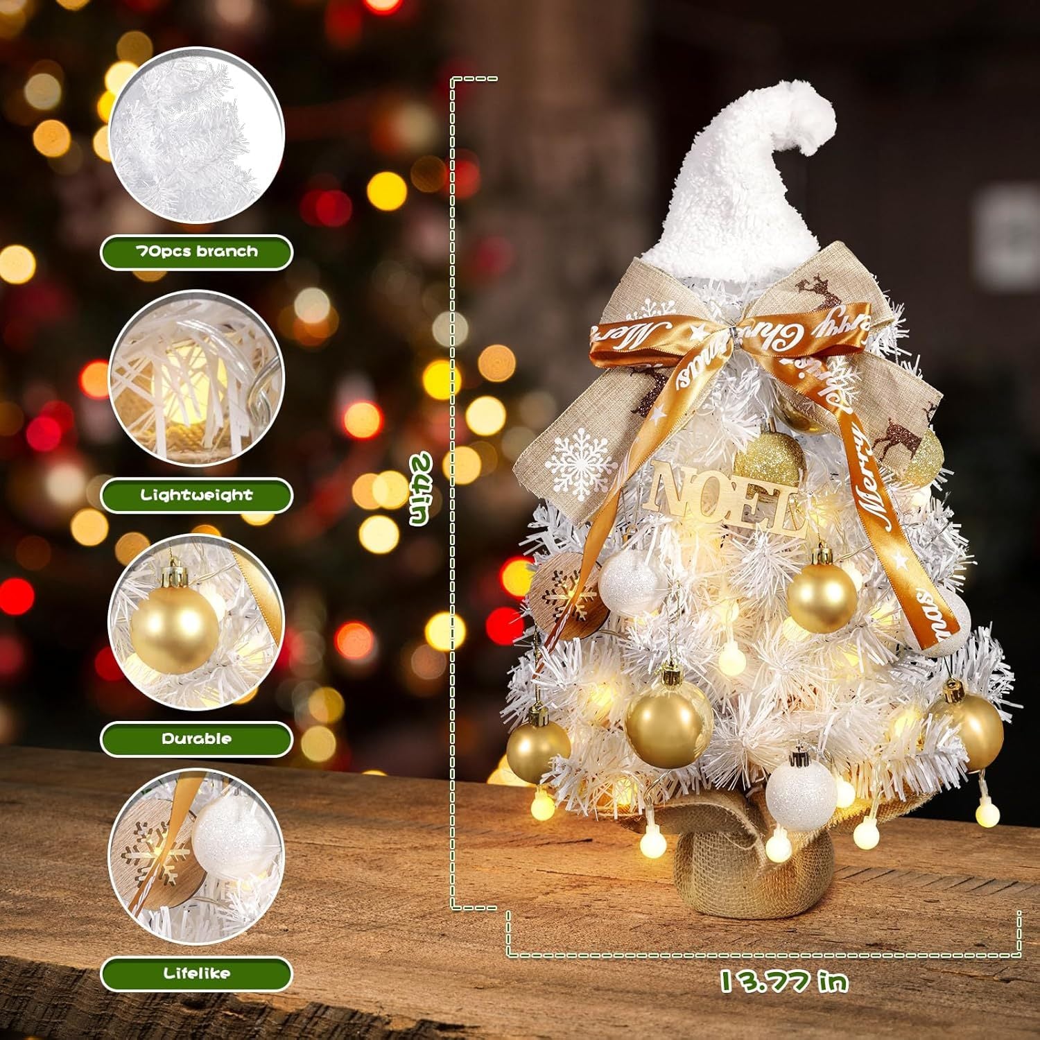 24 - Inch Snowy Christmas Tree. Golden Balls, Ribbons & Festive Hat