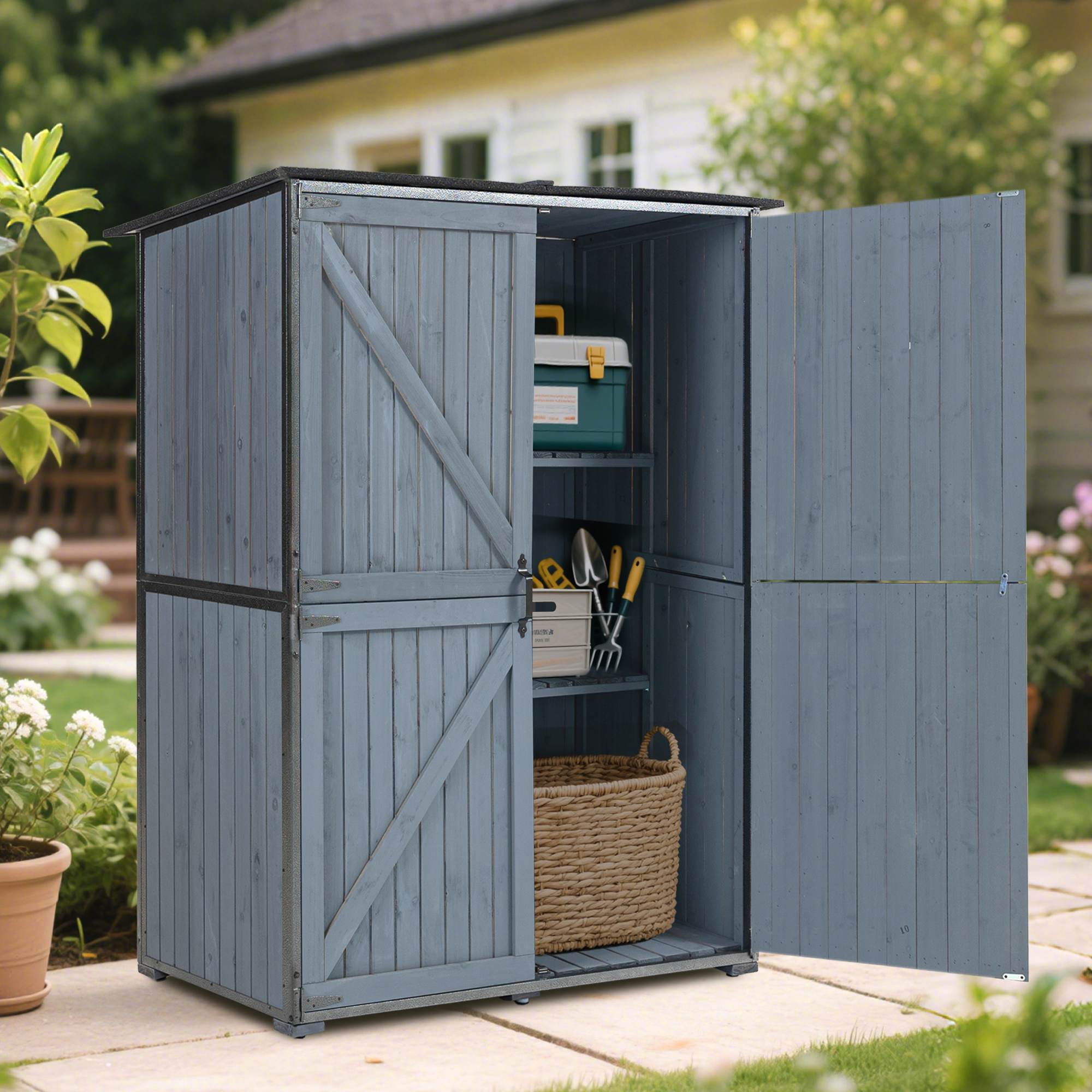 The Storage Shed Is Made Of A Sturdy Metal Frame And Durable Fir Wood, Which Is Sturdy And Durable. The Entire Frame Is Weather-resistant, Making It An Ideal Choice For Your Outdoor Living Space. The